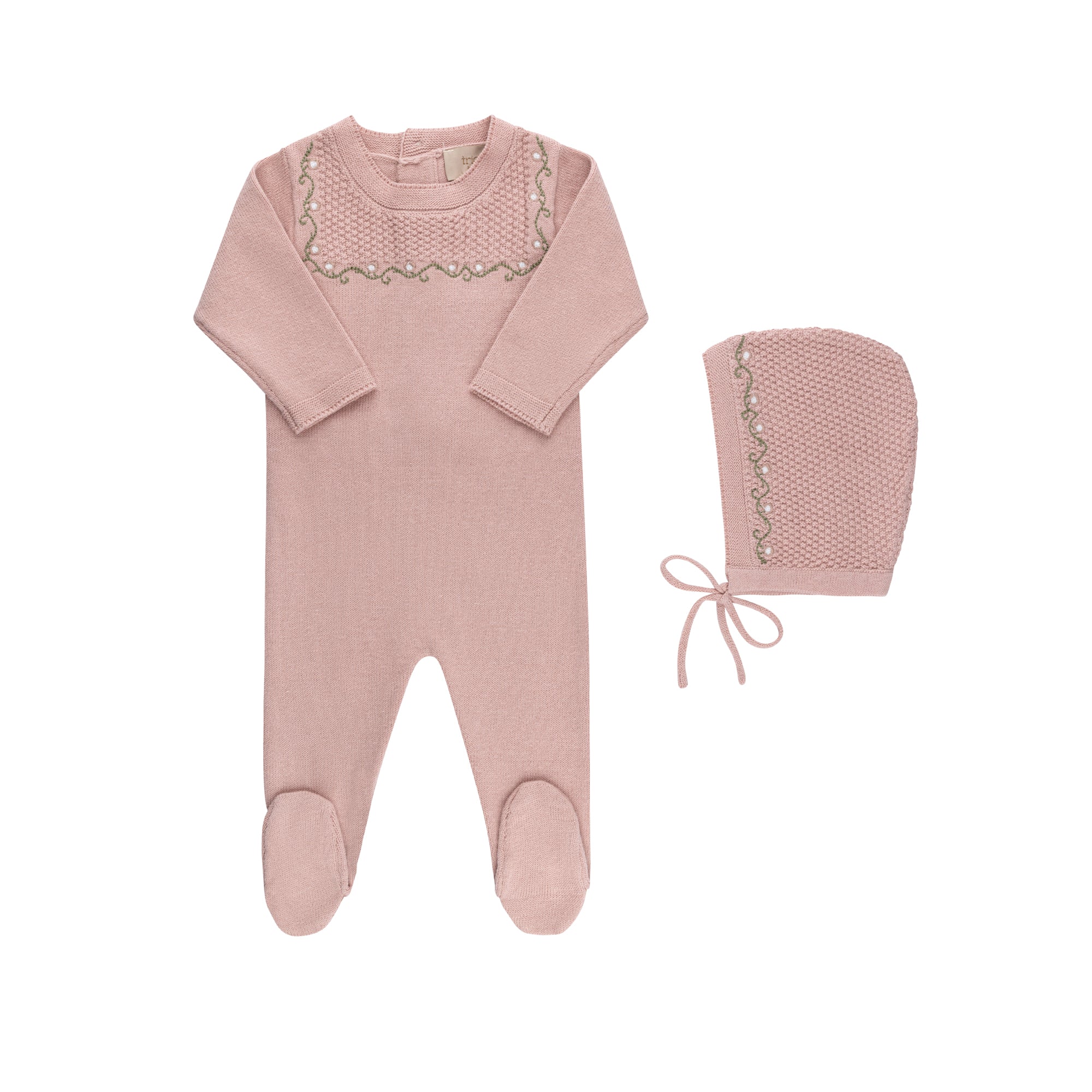 Embroidered Knit Footie And Bonnet