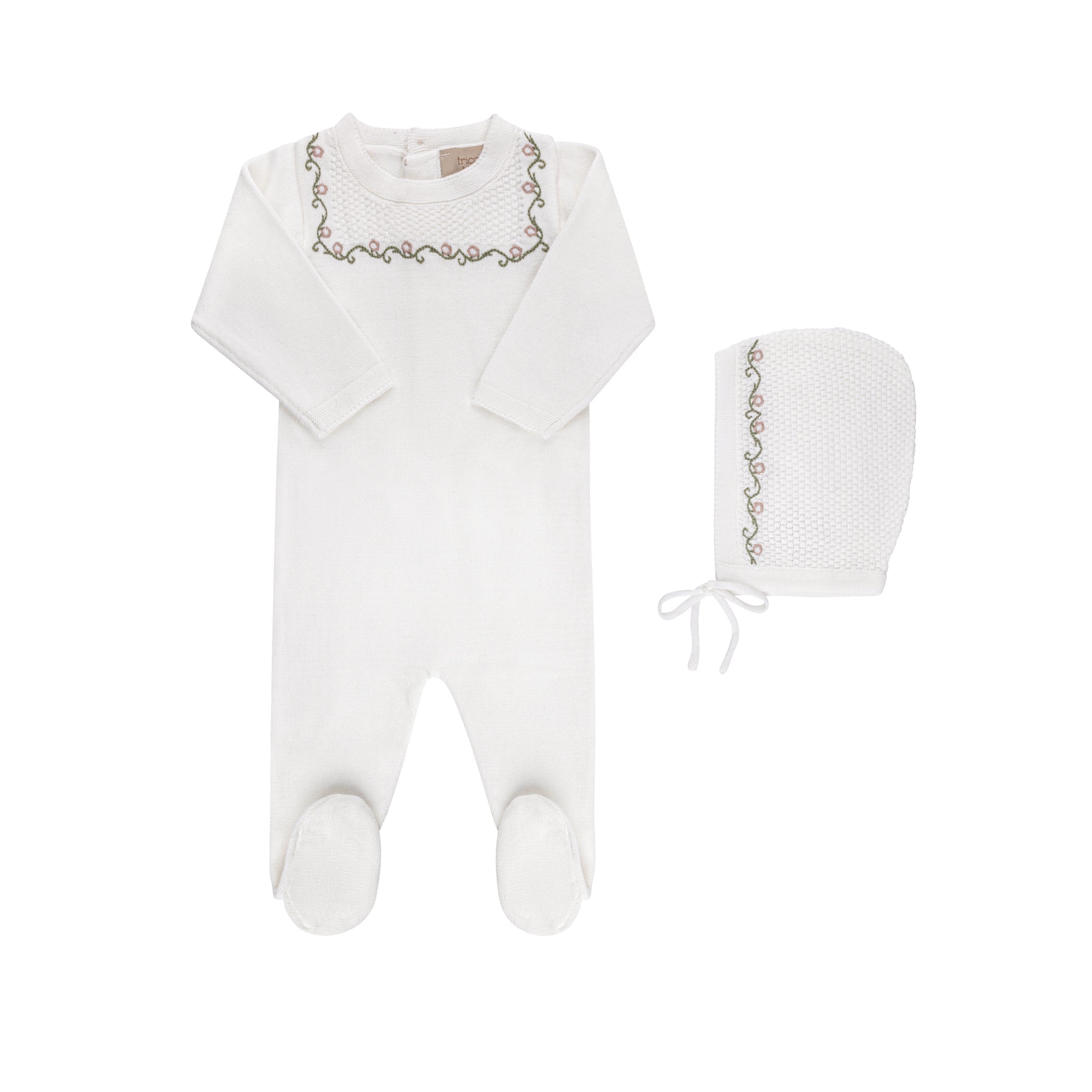 Embroidered Knit Footie And Bonnet