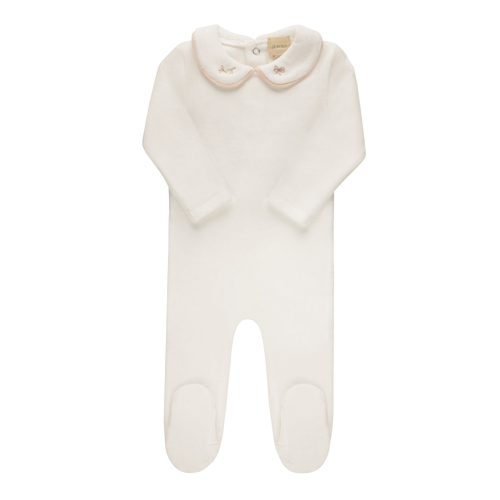 Aurora Ivory/pink Embroidered Velour Collar Footie
