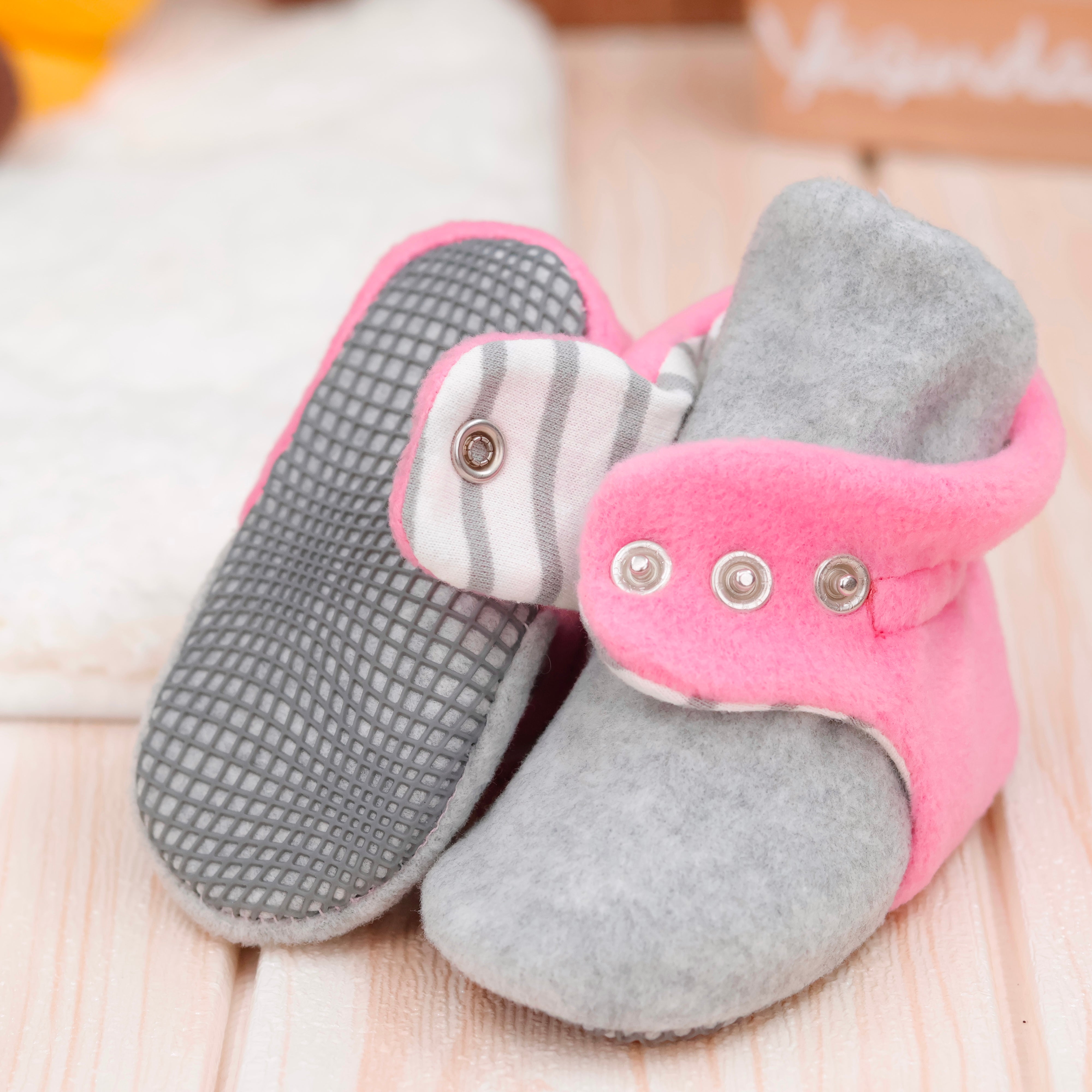 Anti-slip Sole, Fleece Baby Booties, Newborn Home Booties, Sweat Proof Organic Cotton Lining, Gray Pink