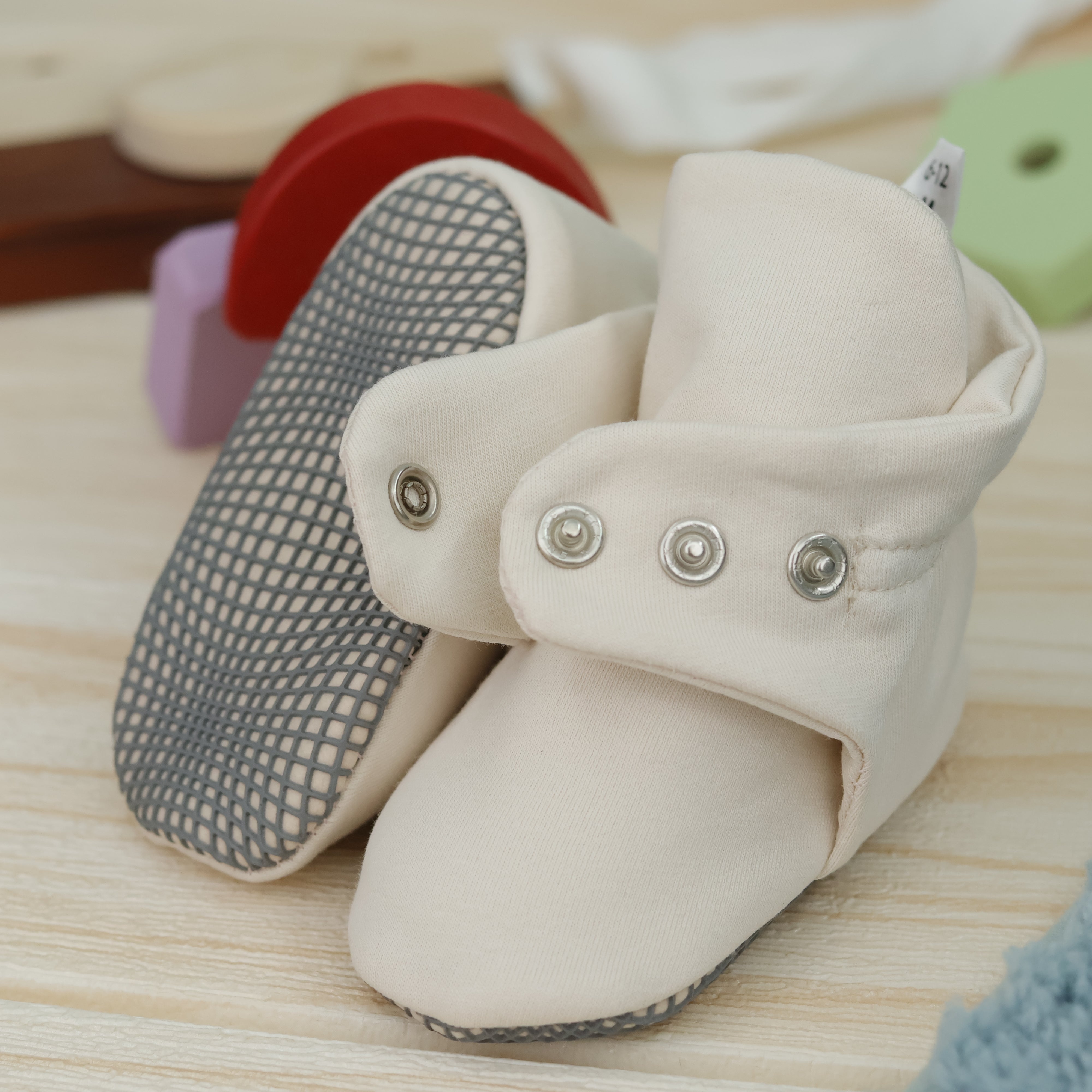 Organic Cotton Baby Booties, Non-slip Sole, Cotton Newborn Booties Home Nursery Shoes, Beige