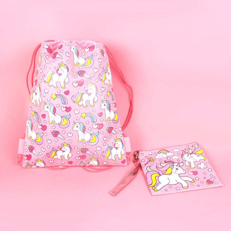Unicorn Drawstring Backpack With Wristlet 2 Piece Set Travel Gym Cheer (pink)