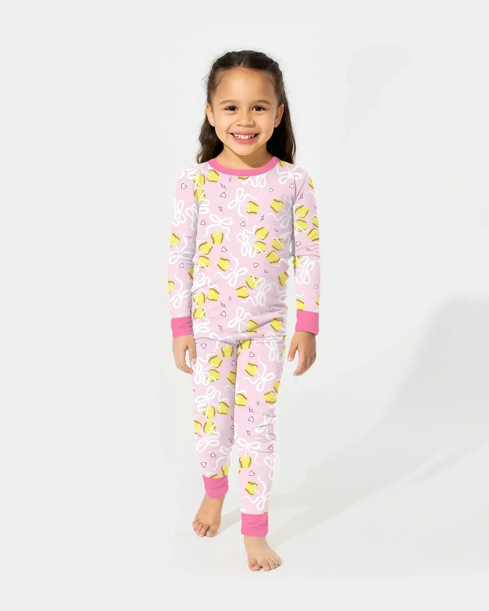 Softball Cherry Mom And Girl Matching Bamboo Two Piece Long Sleeve Pajama Set