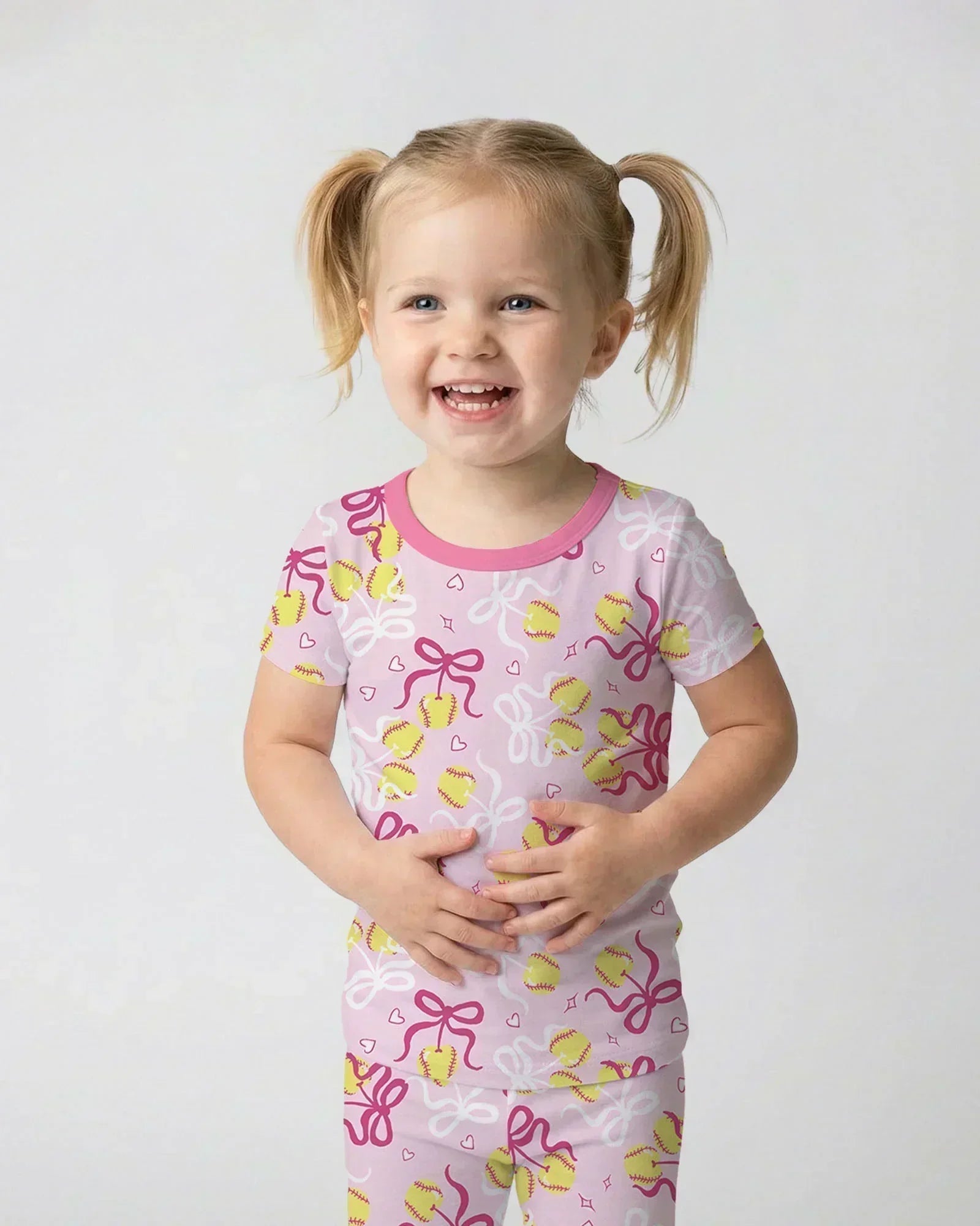 Softball Cherry Mom And Girl Matching Bamboo Two Piece Short Sleeve Pajama Set