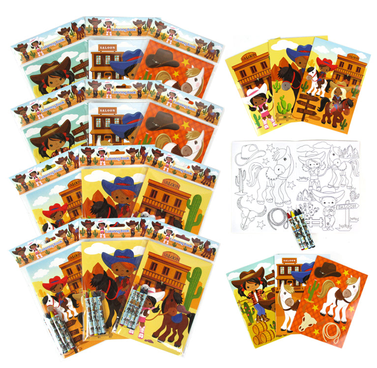 Western Black Cowboy Cowgirl Coloring Books With Crayons Party Favors - Set Of 6 Or 12