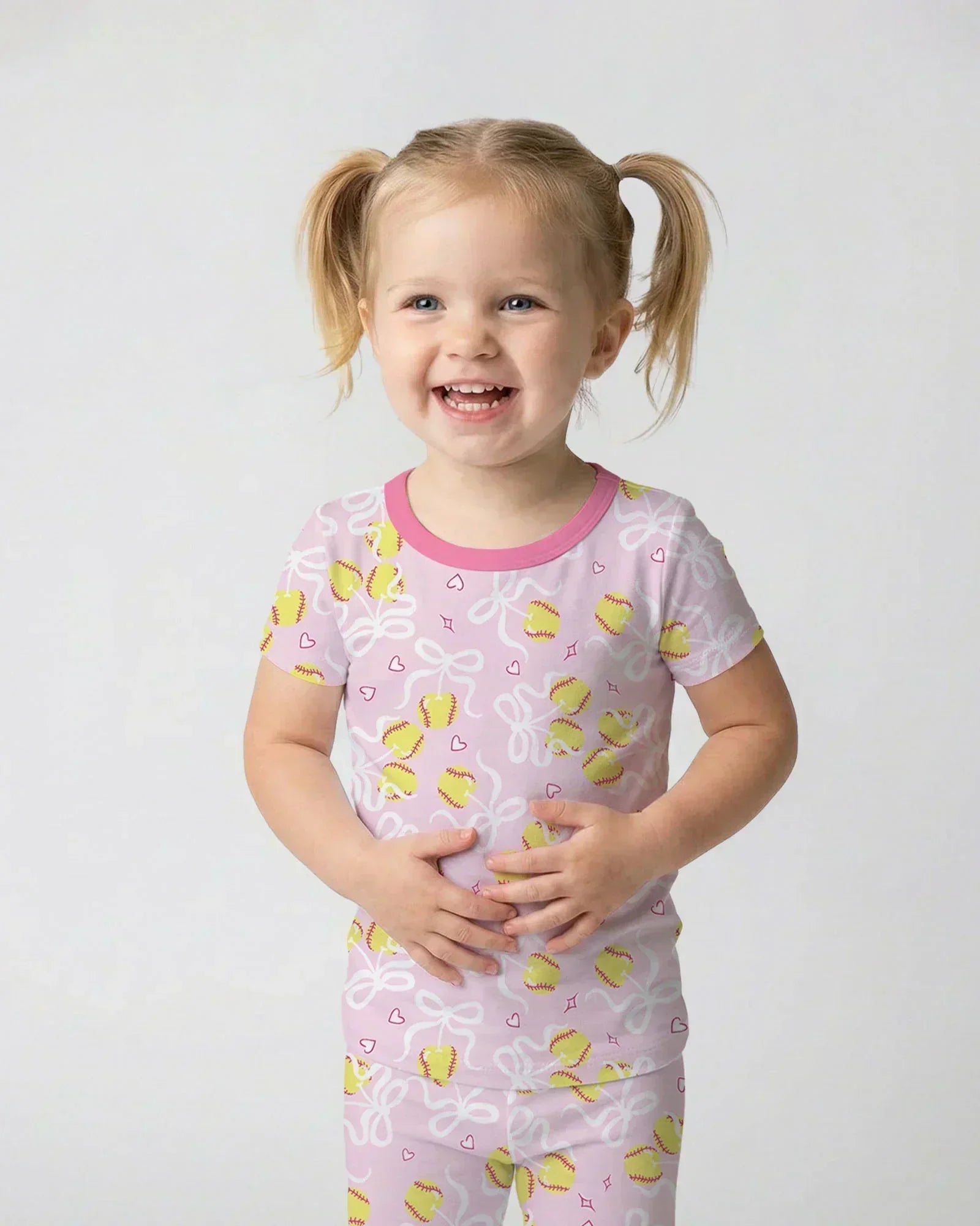 Softball Cherry Mom And Girl Matching Bamboo Two Piece Short Sleeve Pajama Set