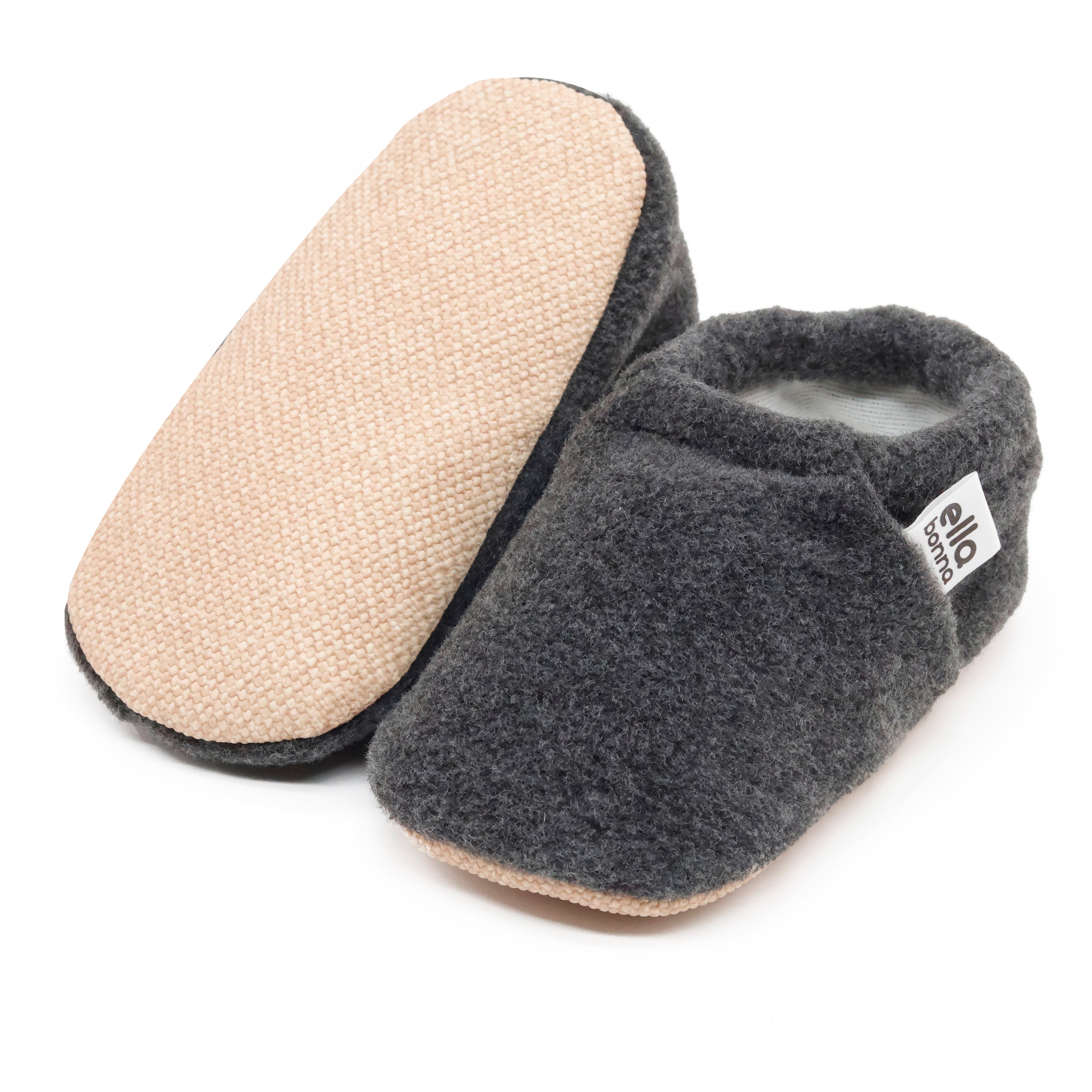 Fleece Baby House Booties, Non-slip Sole, Organic Cotton Lining, Anthracite