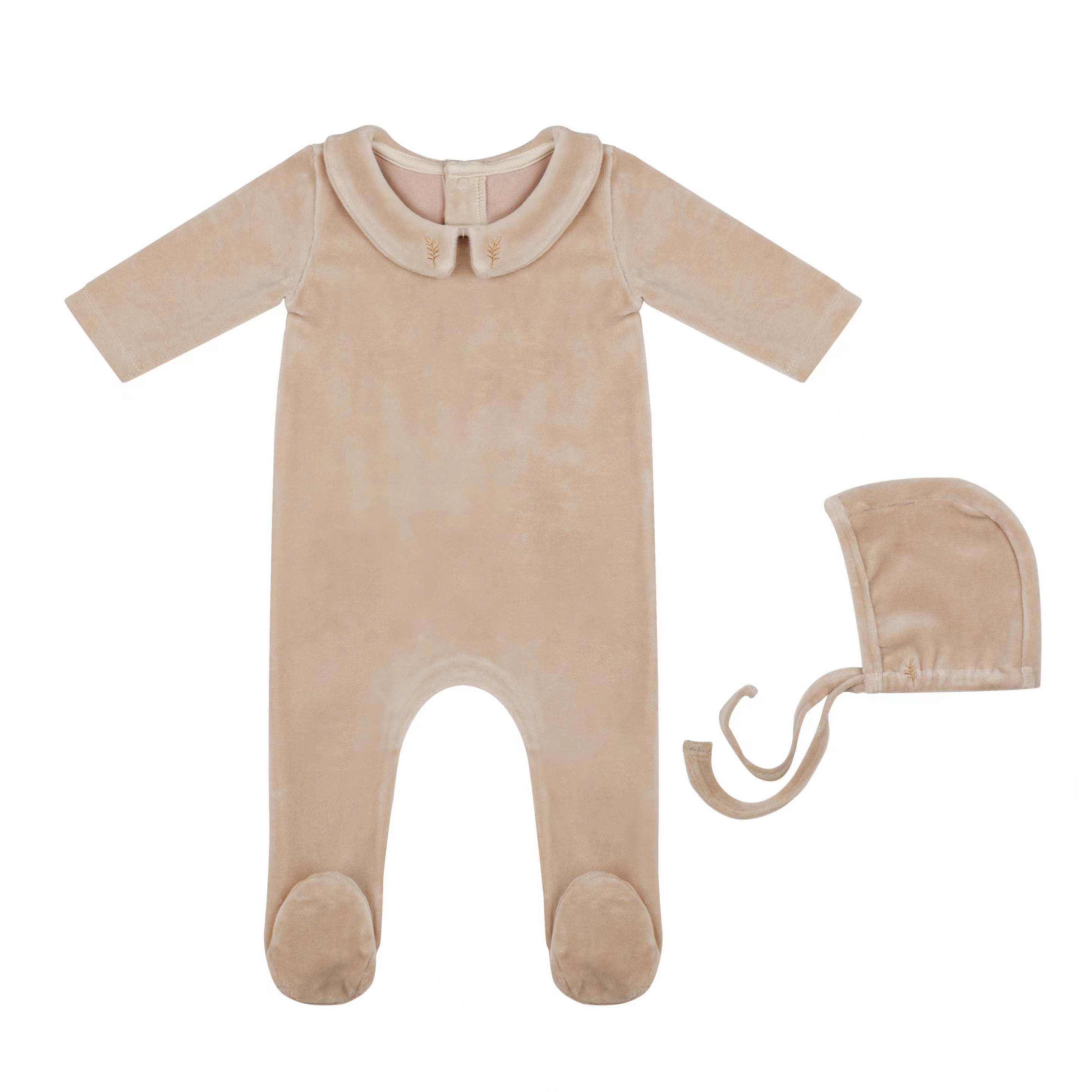 Embroidered Collar Velour Footie And Bonnet