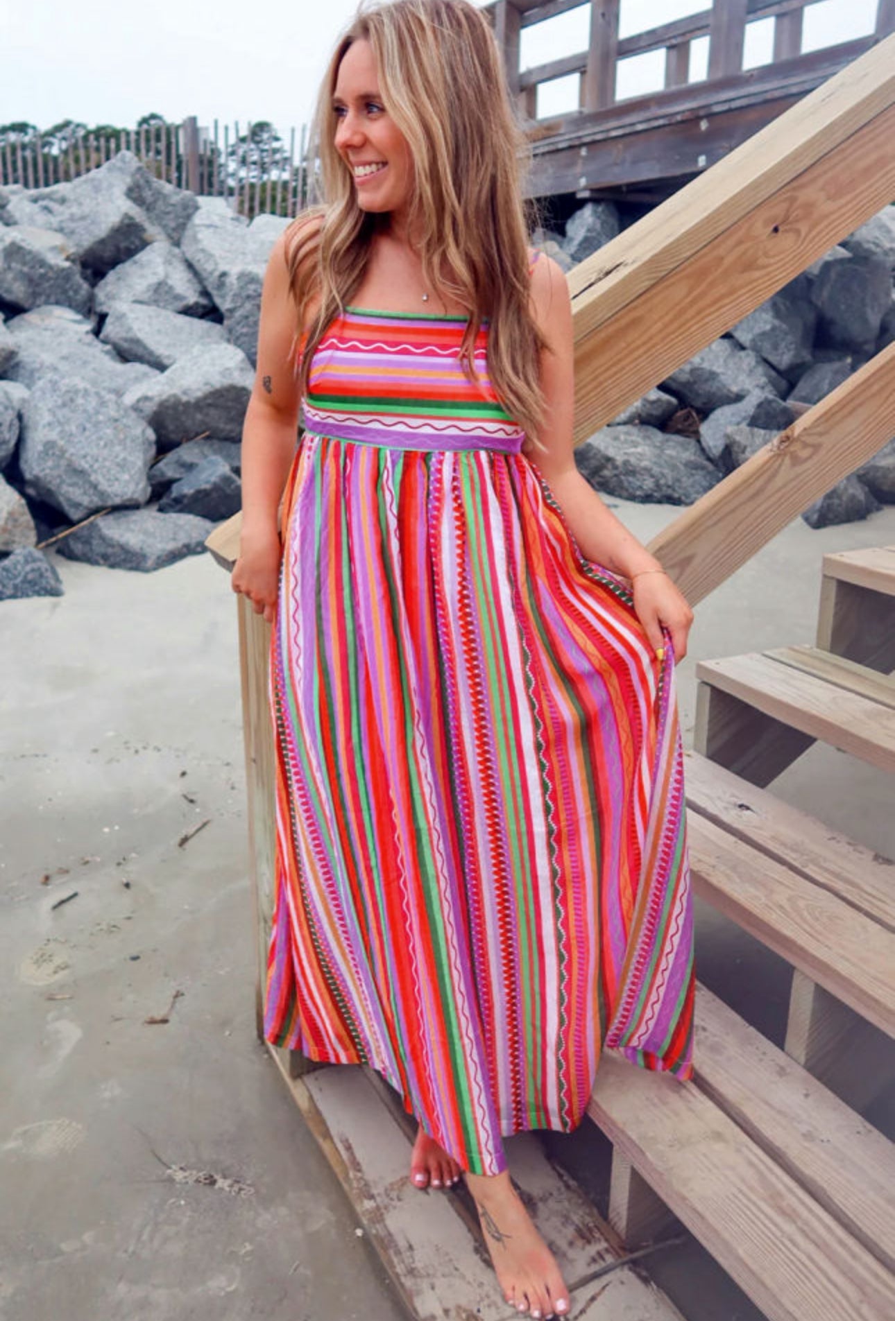 Multicolor Striped Thin Straps Smocked Back Boho Maxi Dress