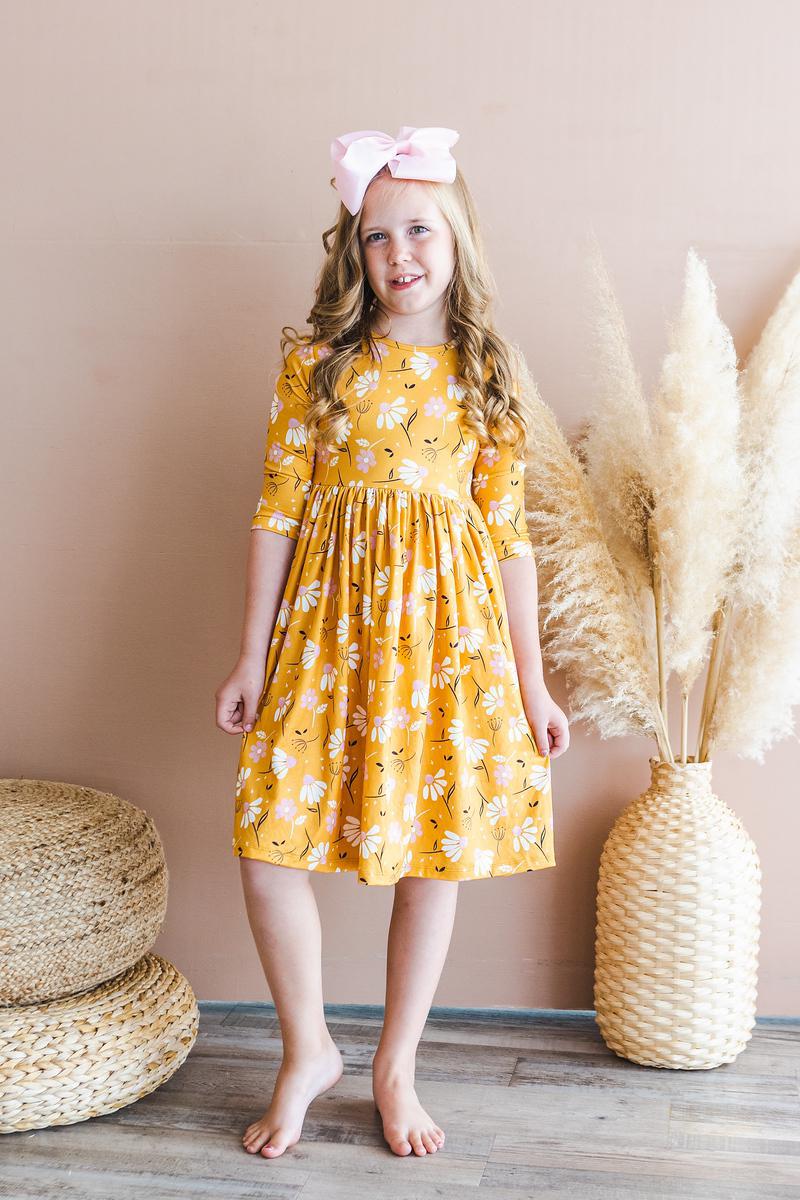 Dandelions In Fall 3/4 Sleeve Pocket Twirl Dress