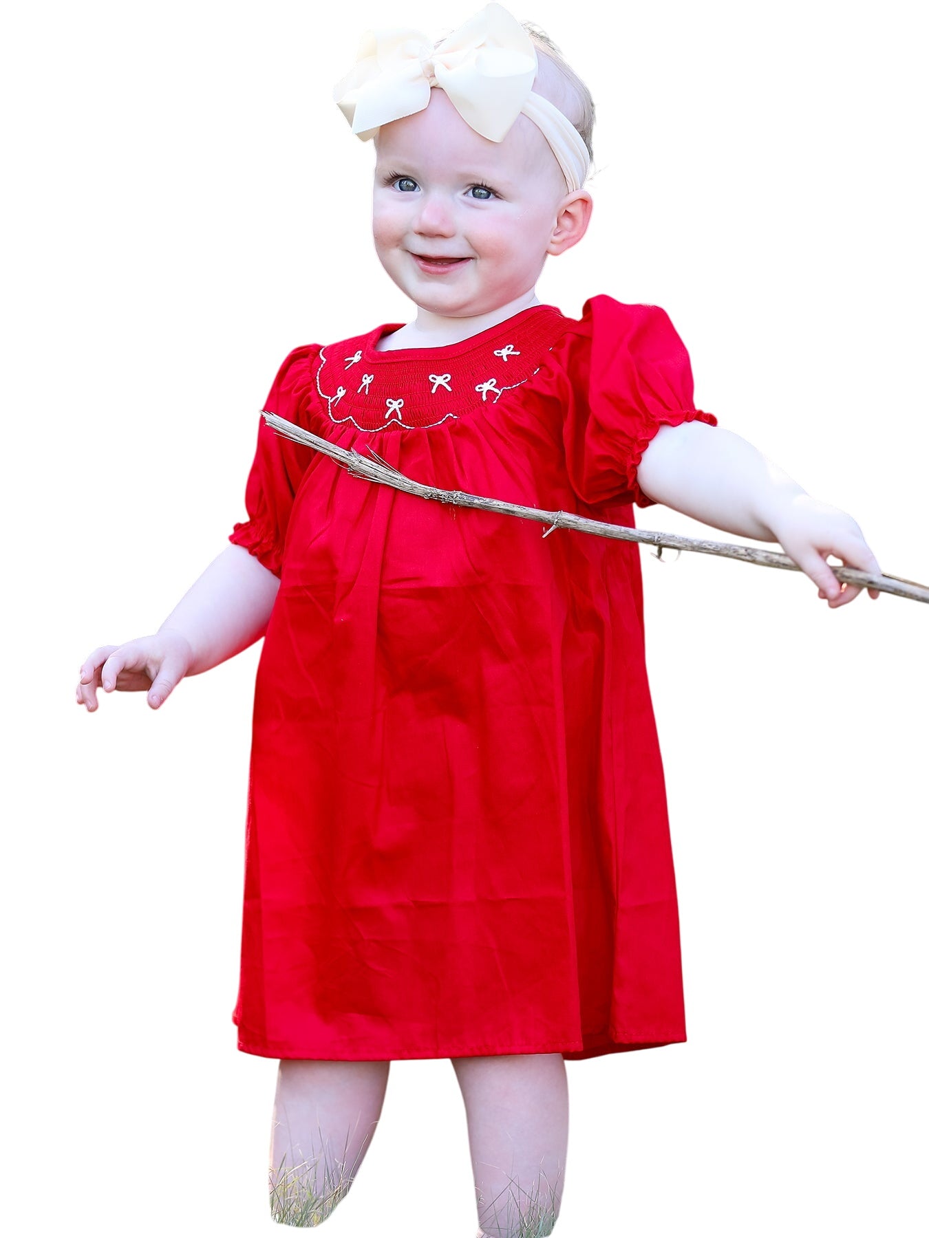 Girls Bow Smocking Embroidered Red Dress