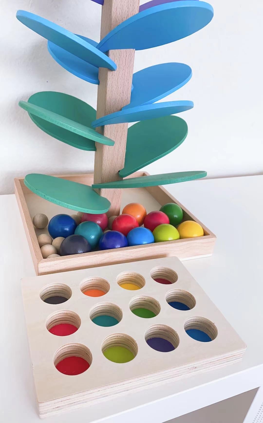 12 Pcs Rainbow Wooden Balls With Tray In Primary Colors Diameter 1.4 Inches