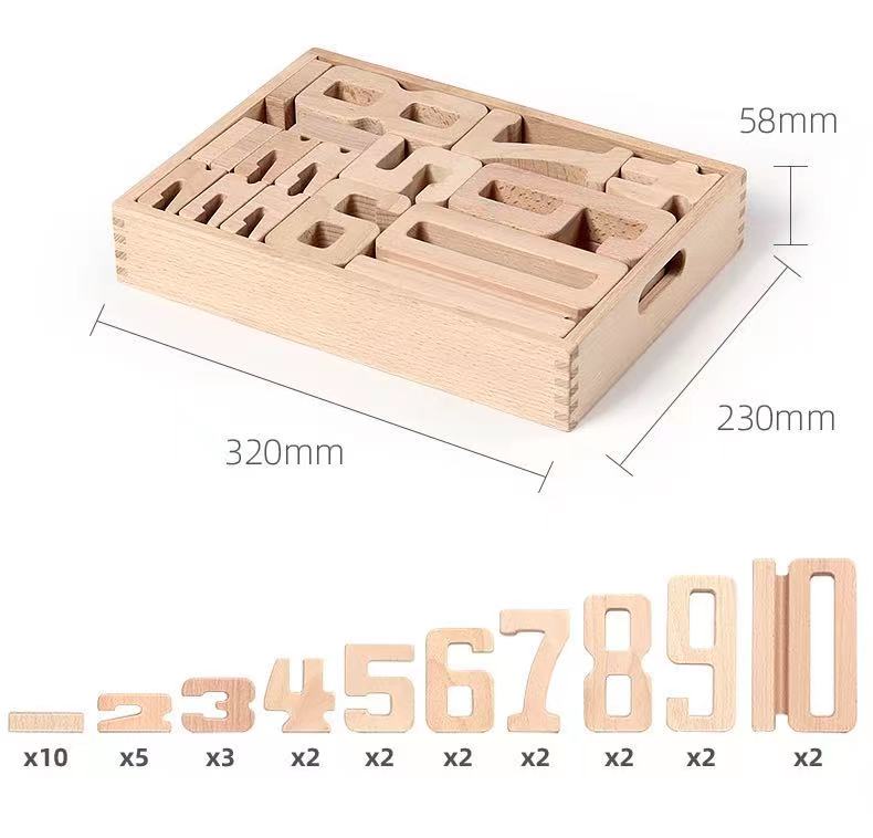 32 Pcs Wooden Math Number Building Blocks Set With Tray