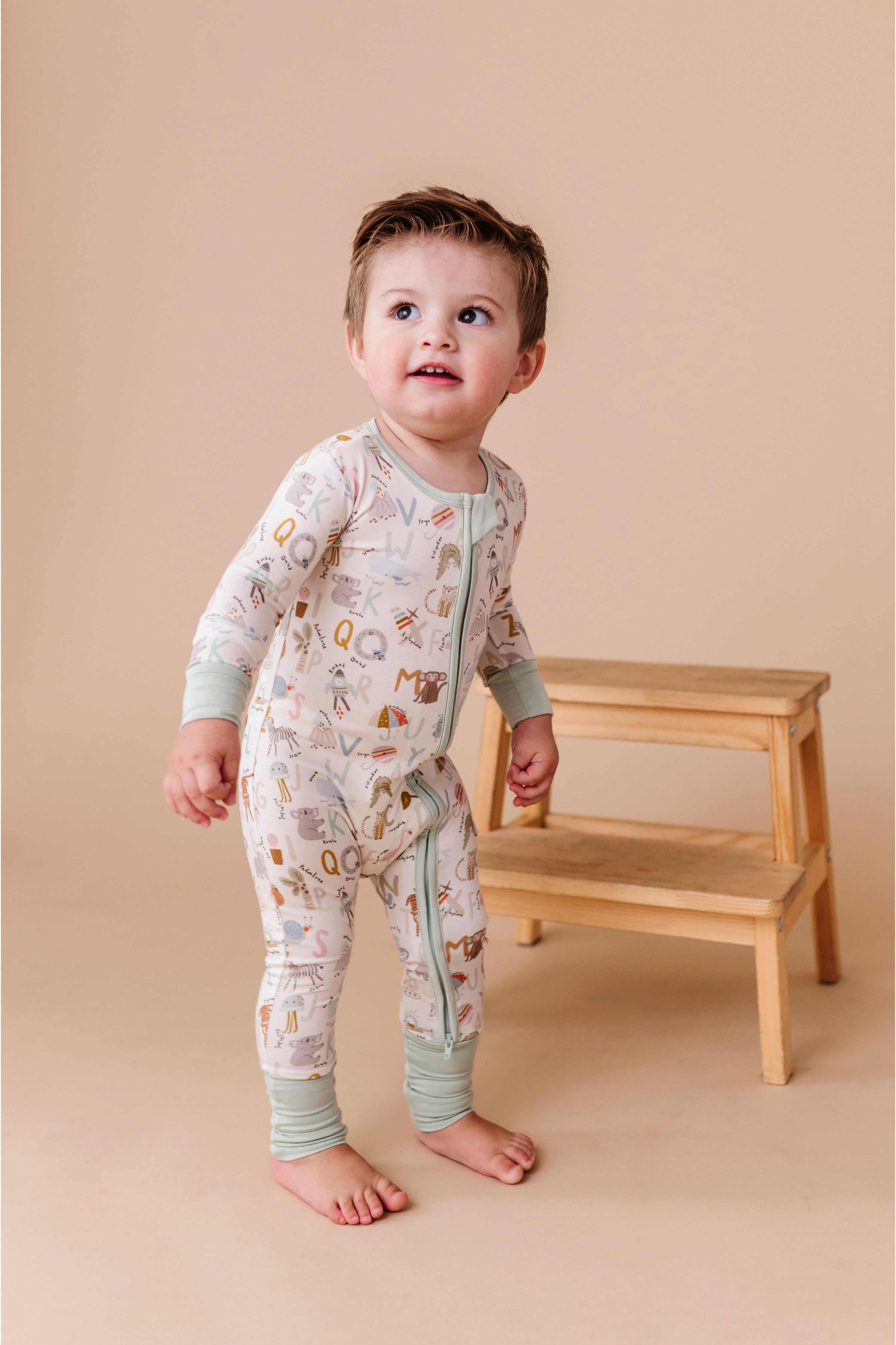 Bamboo One Piece Zip Pajama - Animal Abc