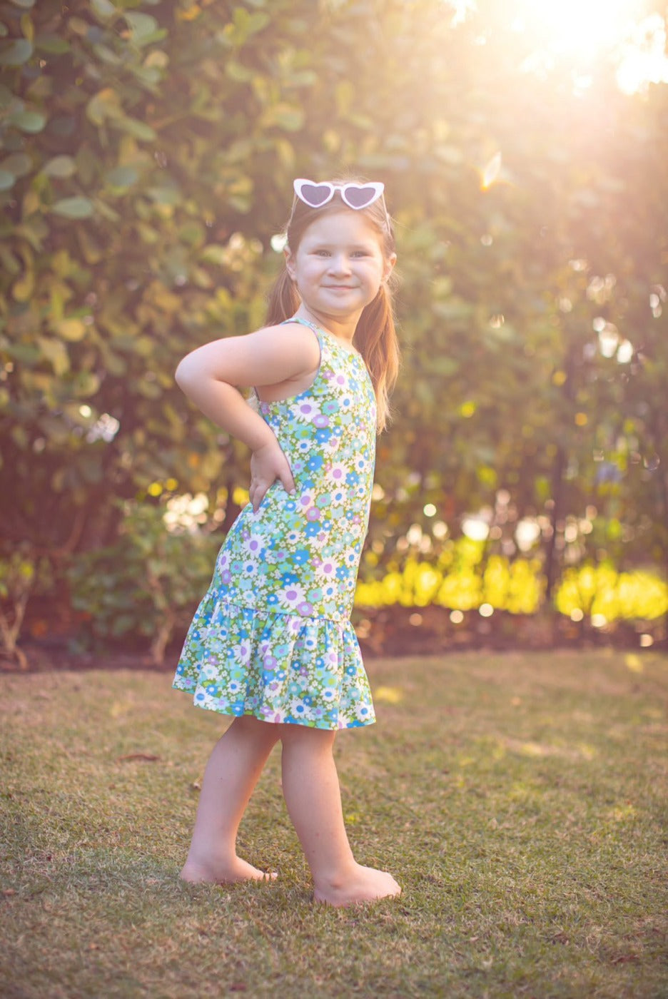 Blue And Green Flower Power Drop Waist Dress For Babies, Toddler And Girls