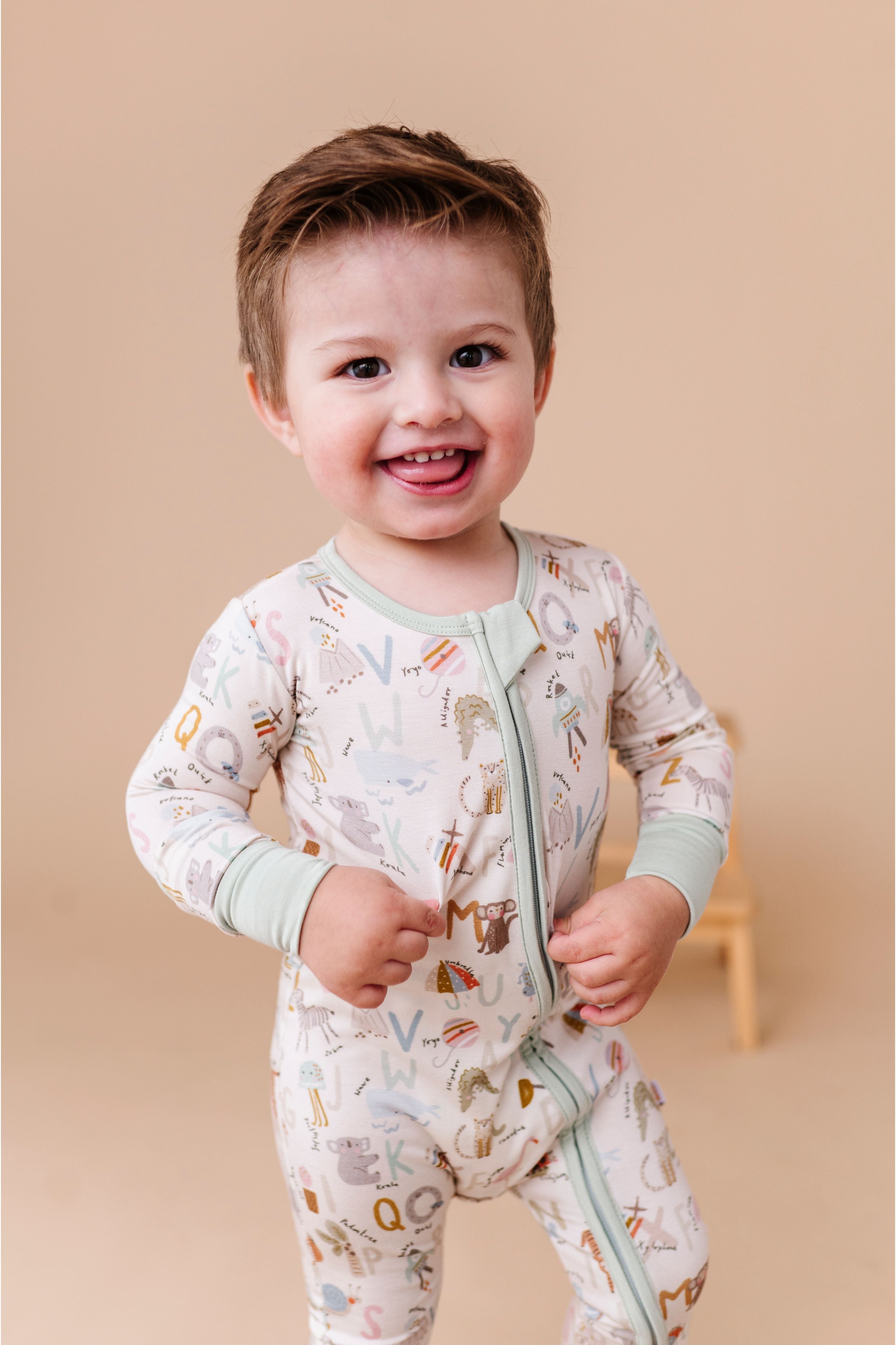 Bamboo One Piece Zip Pajama - Animal Abc
