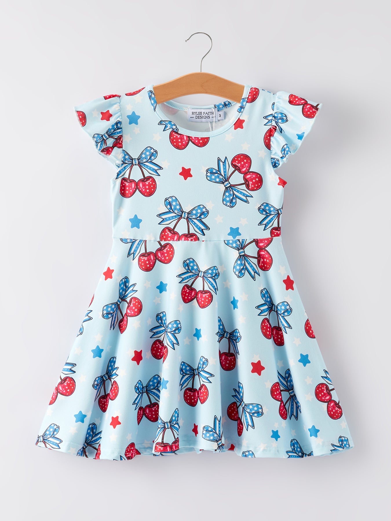 4th Of July Bow Cherry Stars Print Girls Dress