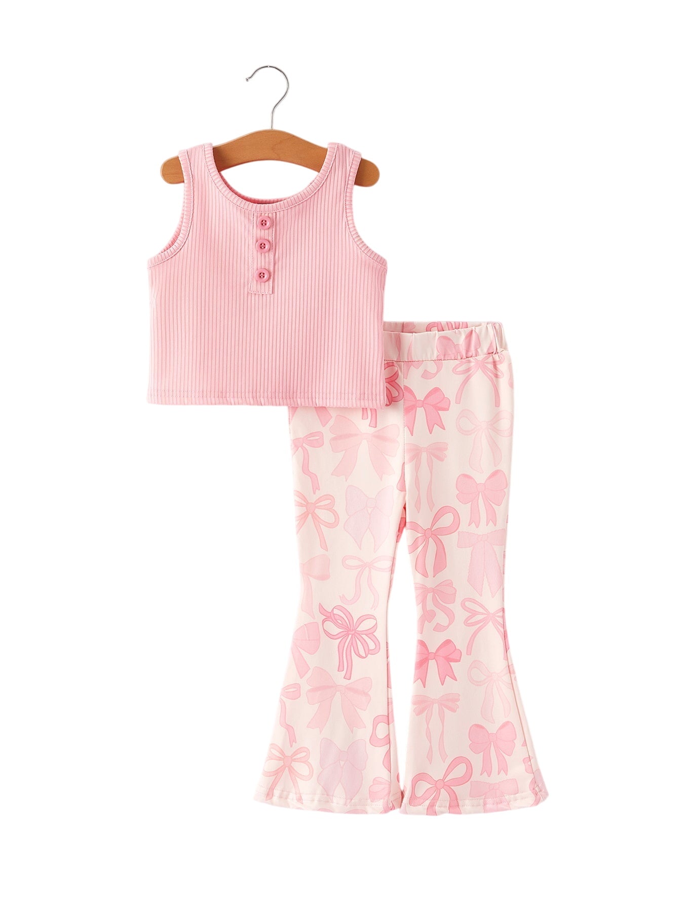 Pink Girls Top Bow Floral Print Bell Bottom Pants Set