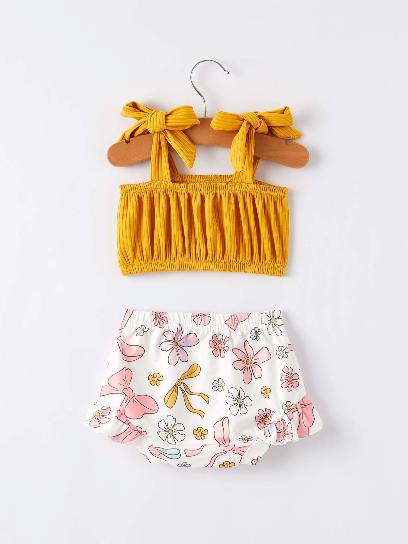 Spring Summer Yellow Bow Suspender Vest And Floral Bloomers Set