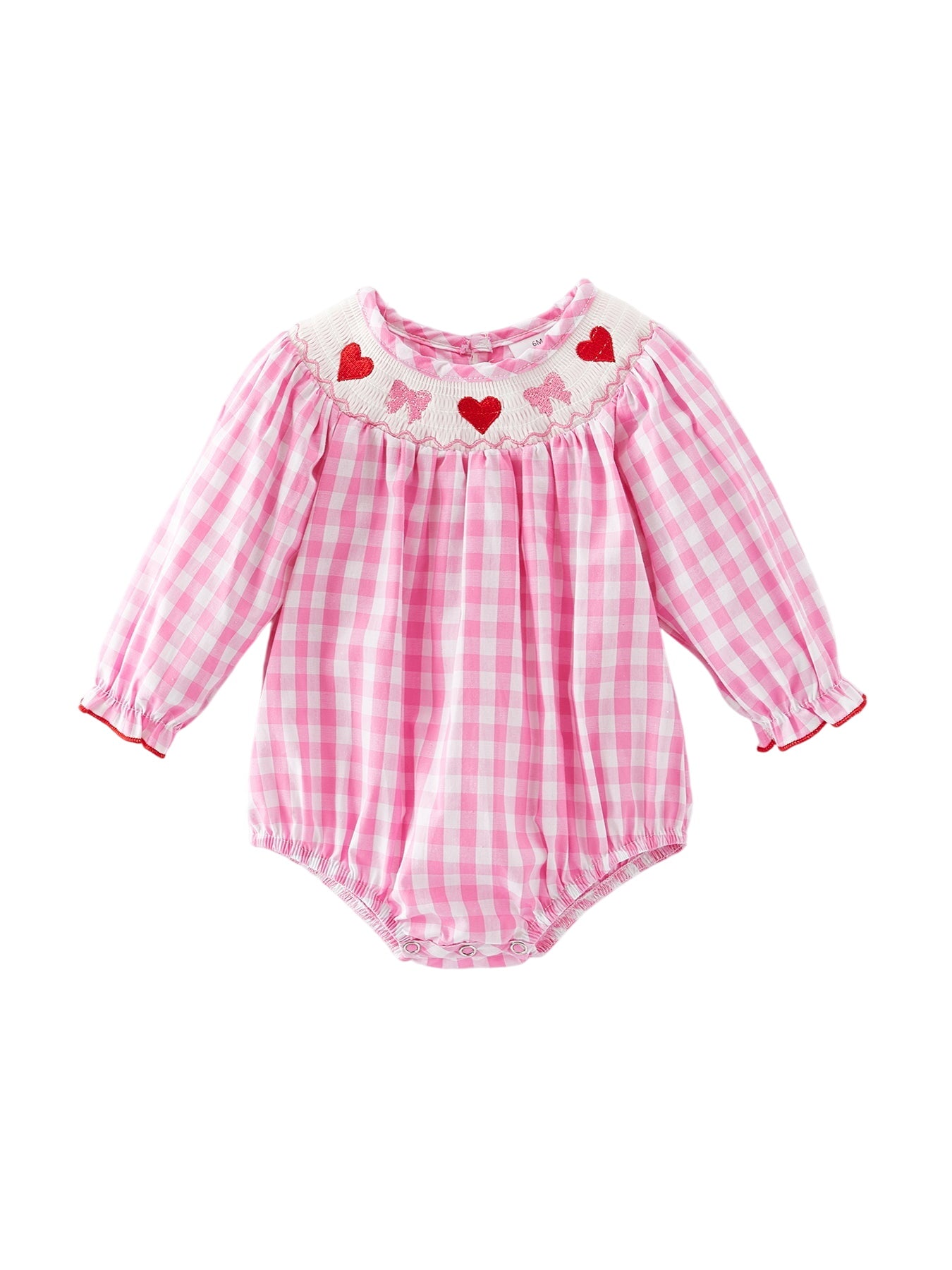 Valentine's Day Heart Bow Smocking Embroidered Pink Romper