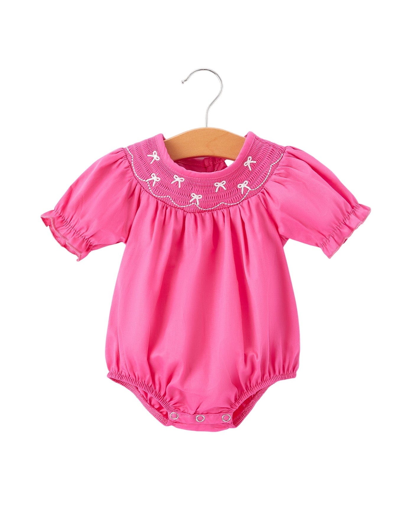 Girls Bow Smocking Embroidery Hot Pink Romper