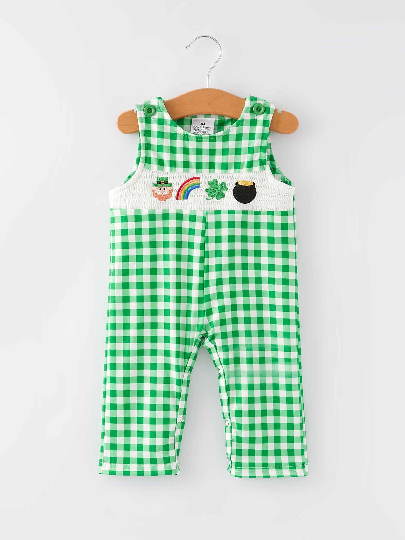 St. Patrick's Day Shamrock Smocking Embroidered Green Plaid Boys' Romper