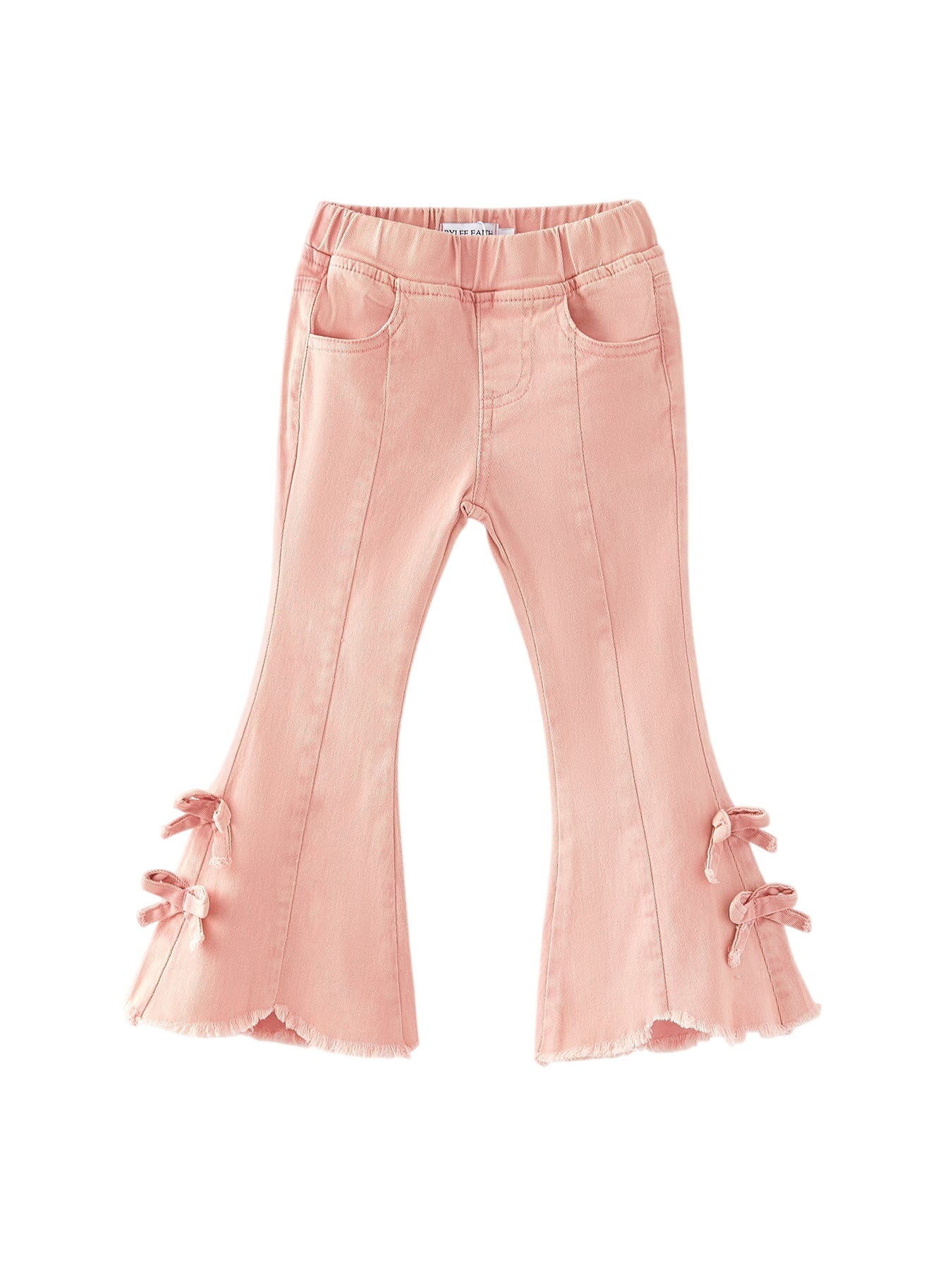 Girls Light Pink Bow Flared Elastic Denim Pants