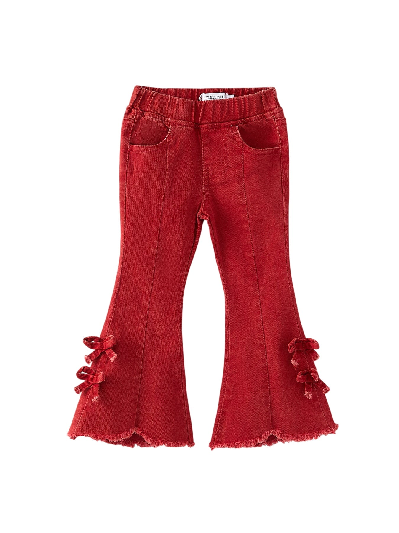 Girls Red Bow Flared Elastic Denim Pants