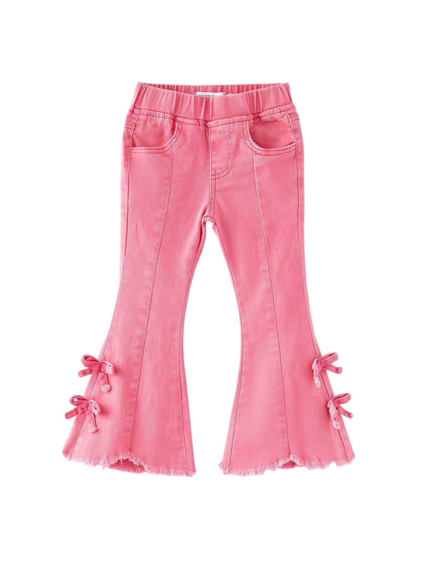 Girls Pink Bow Flared Elastic Denim Pants