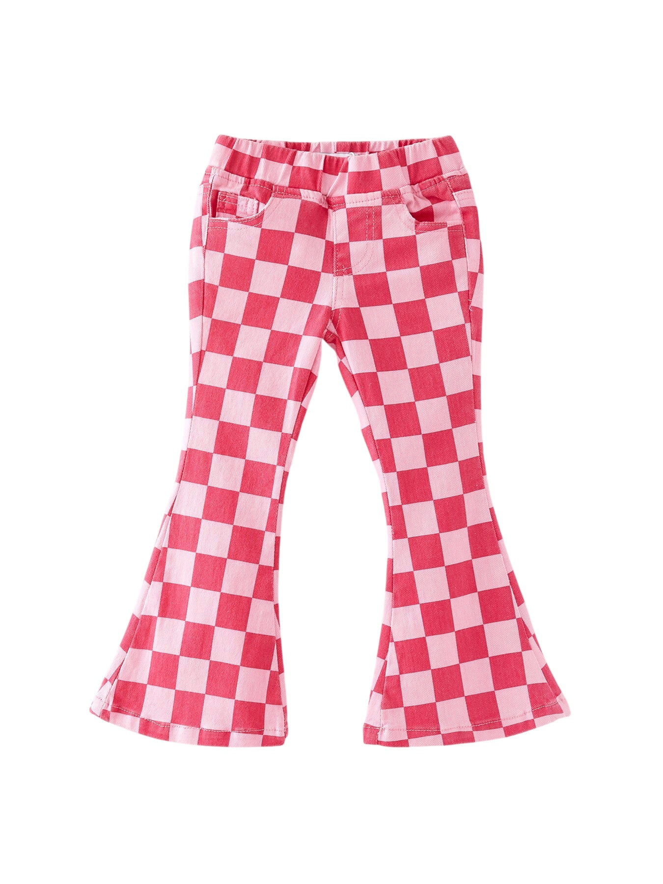 Girls Pink Plaid Print Elastic Flared Pants Jeans