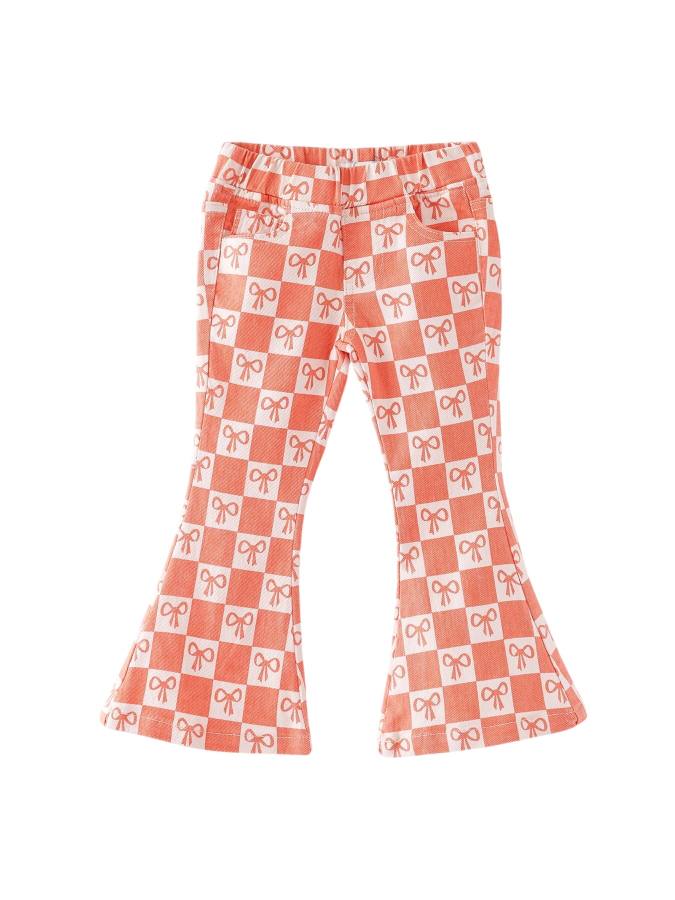 Girls Orange Bow Print Plaid Flared Jeans