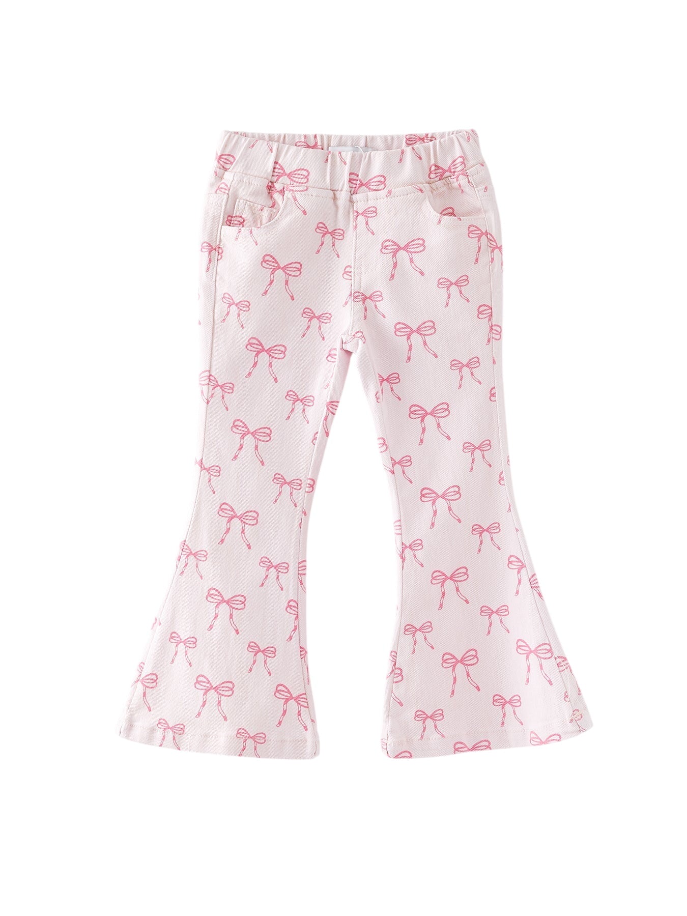 Girls Pink Bow Print Elastic Flared Jeans
