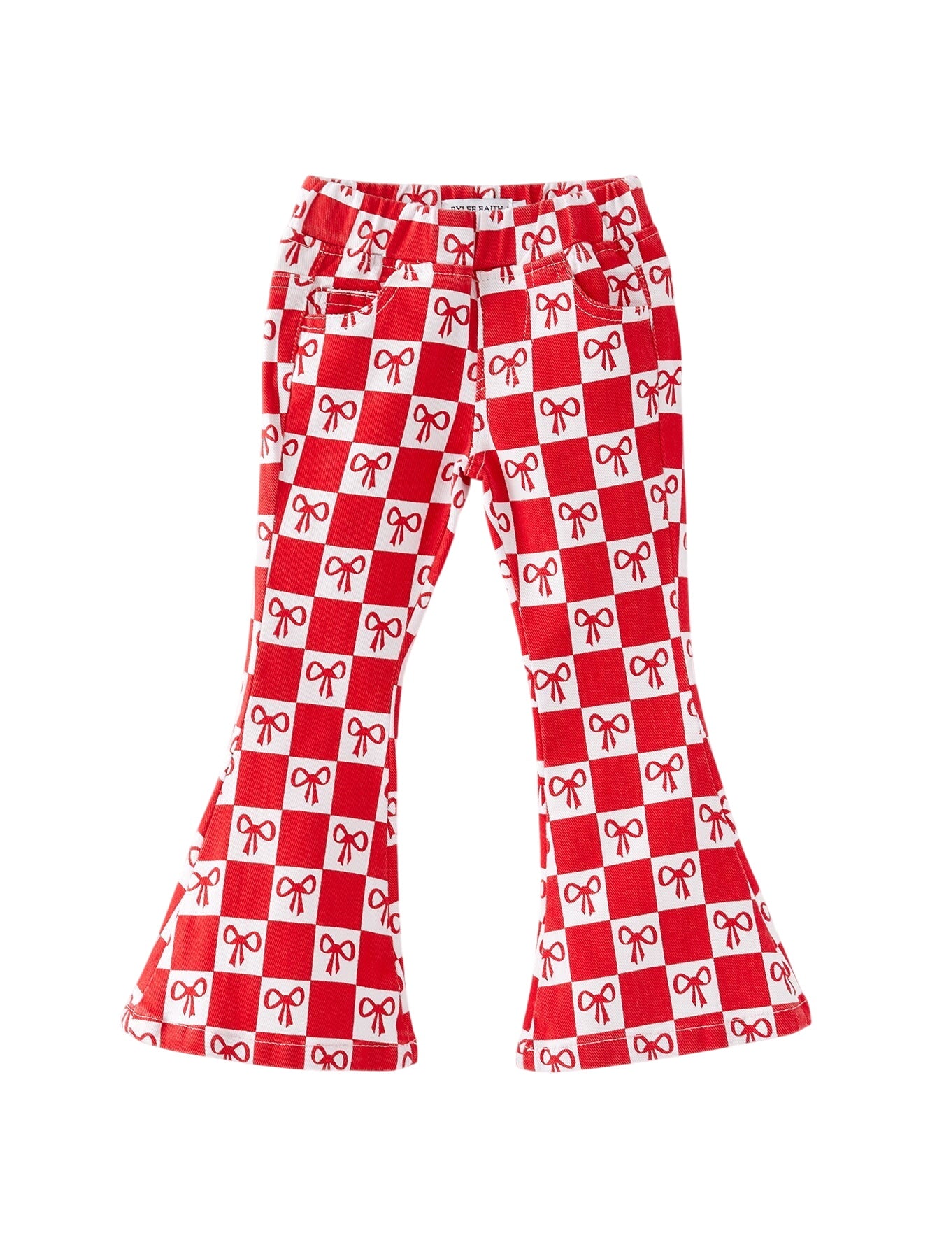 Girls Red Bow Print Plaid Flared Jeans