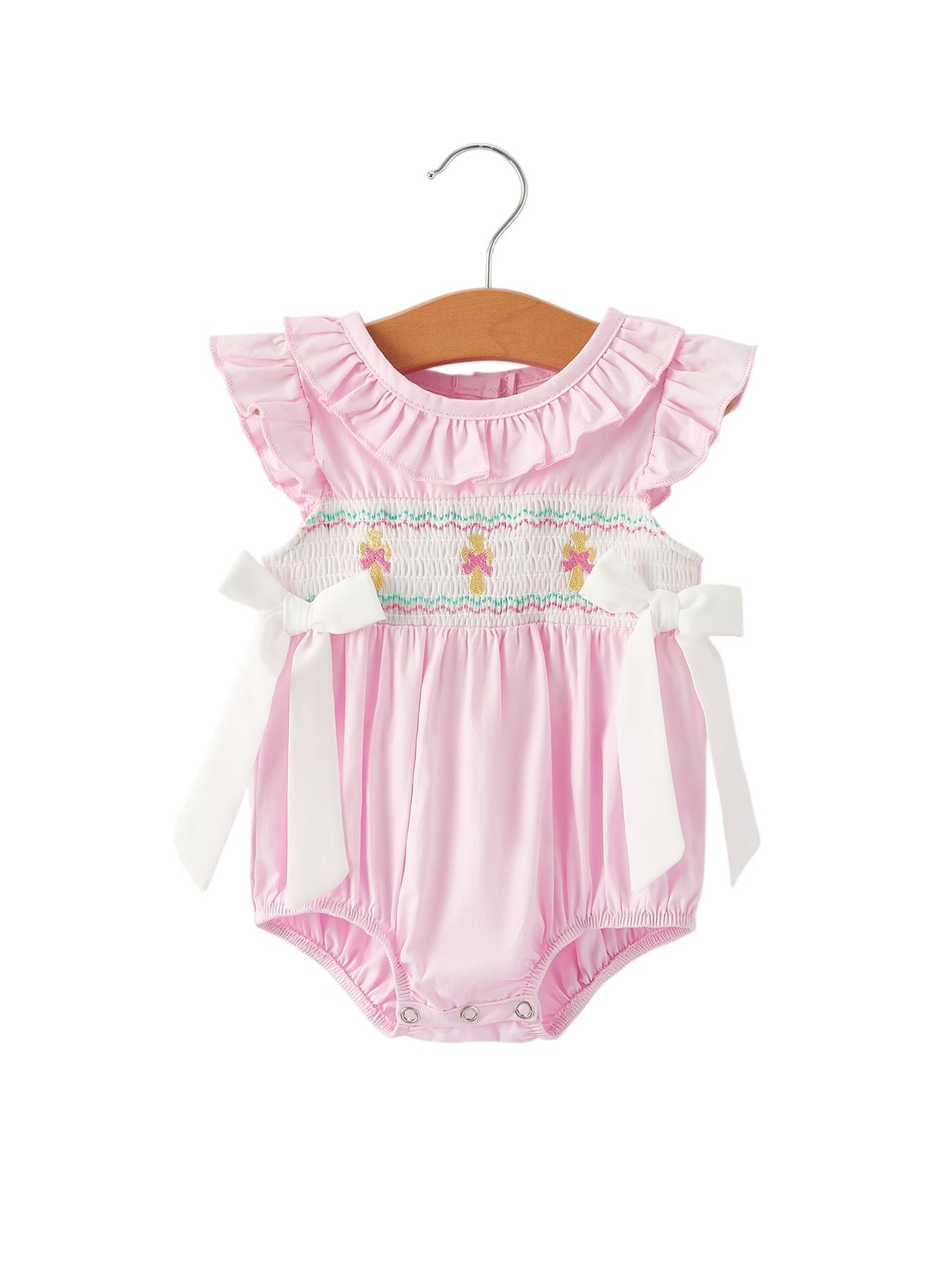 Smocking Easter Embroidered Ruffles Girls Pink Romper