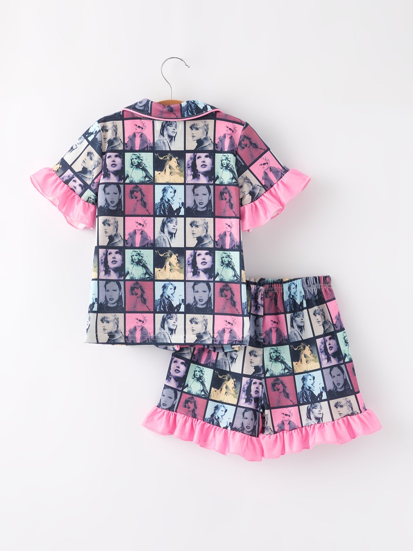 Black Ts Lapel Button Short Sleeve Shorts Ruffle Pajama Set