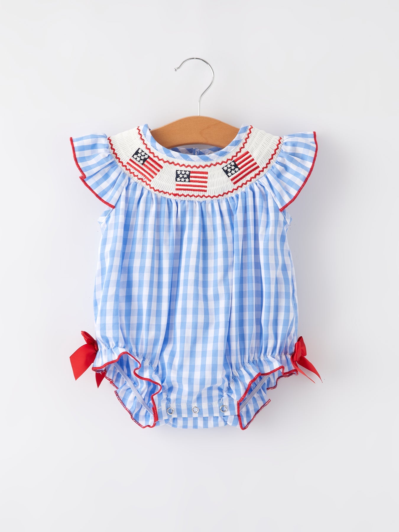 4th Of July Flag Embroidery Smocking Girls Romper