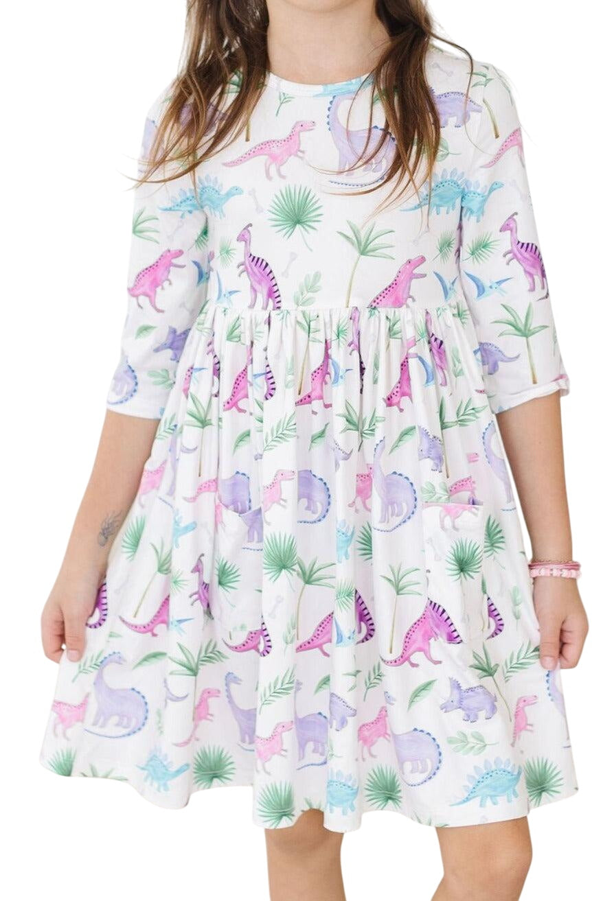 Dino Darling 3/4 Sleeve Pocket Twirl Dress