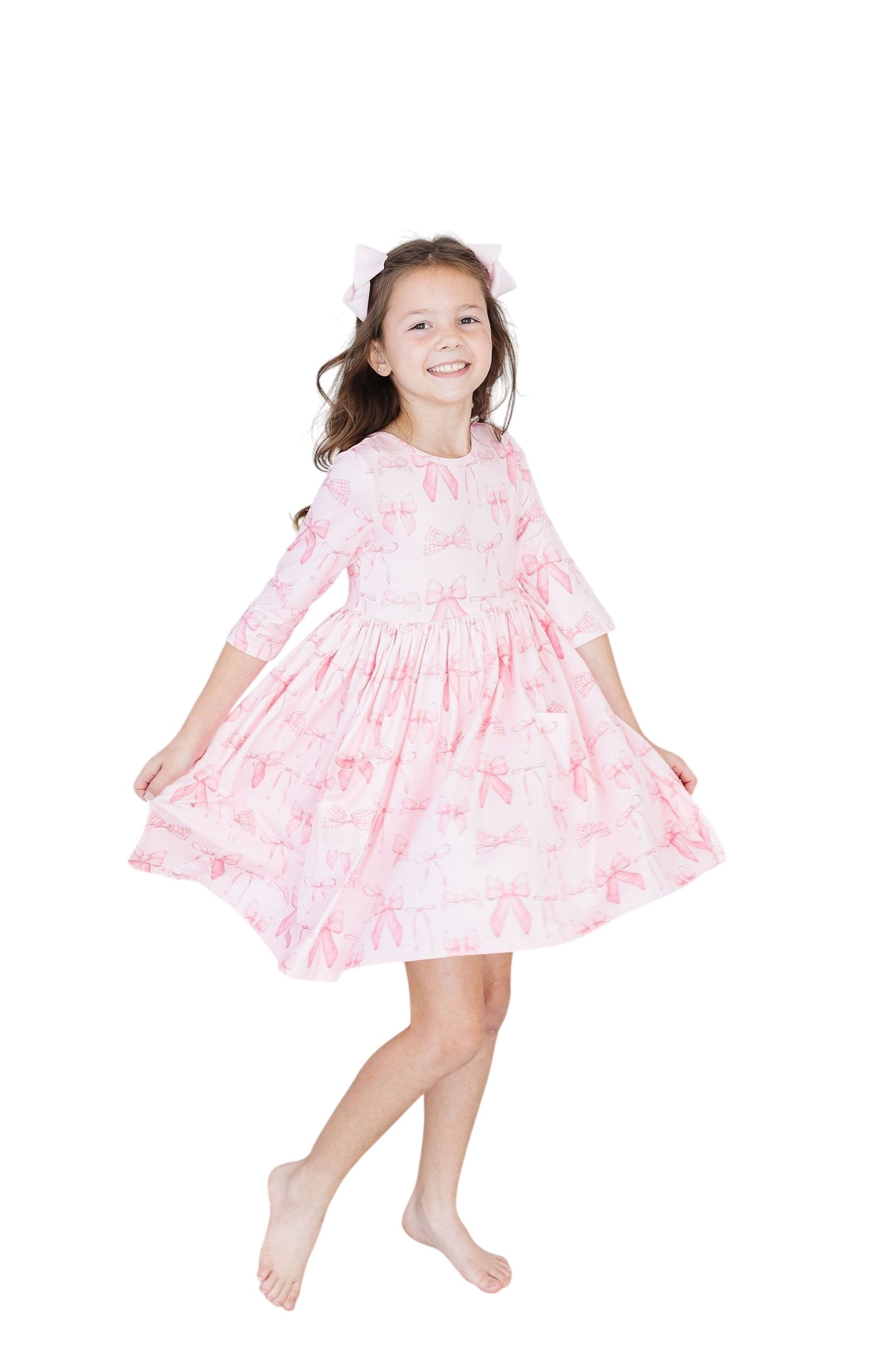 Blushing Bows 3/4 Sleeve Pocket Twirl Dress