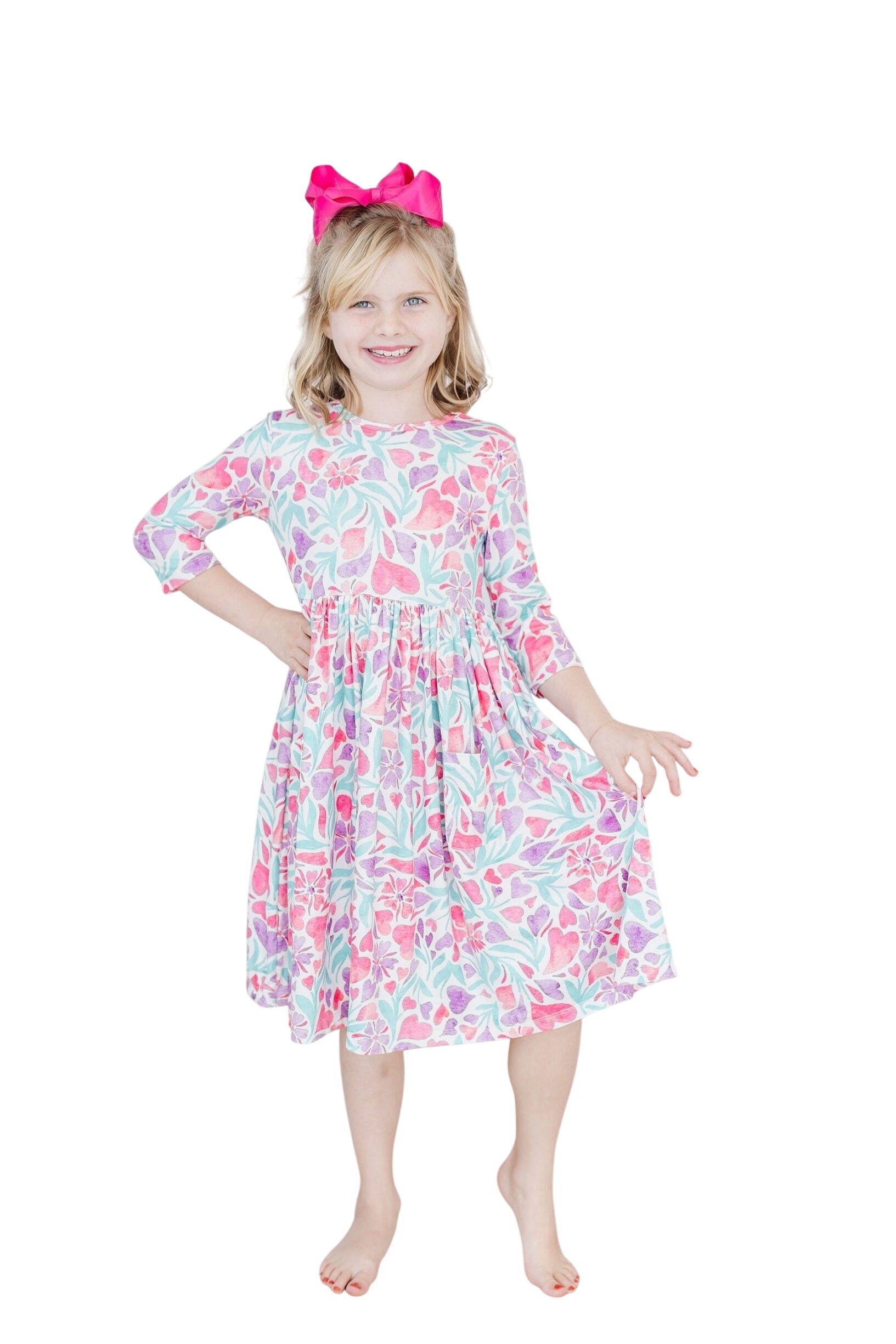 Watercolor Hearts 3/4 Sleeve Pocket Twirl Dress