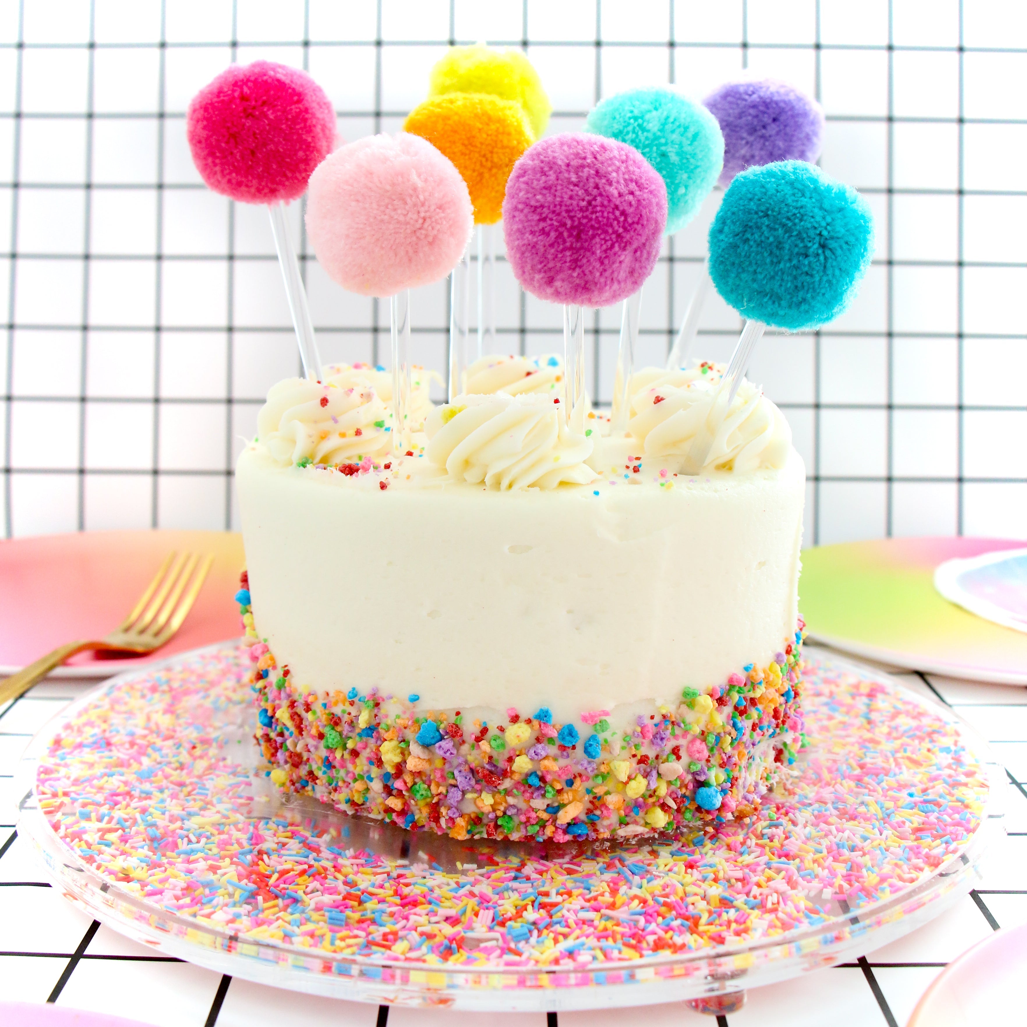 Rainbow Set Of Pom Pom Cake Toppers