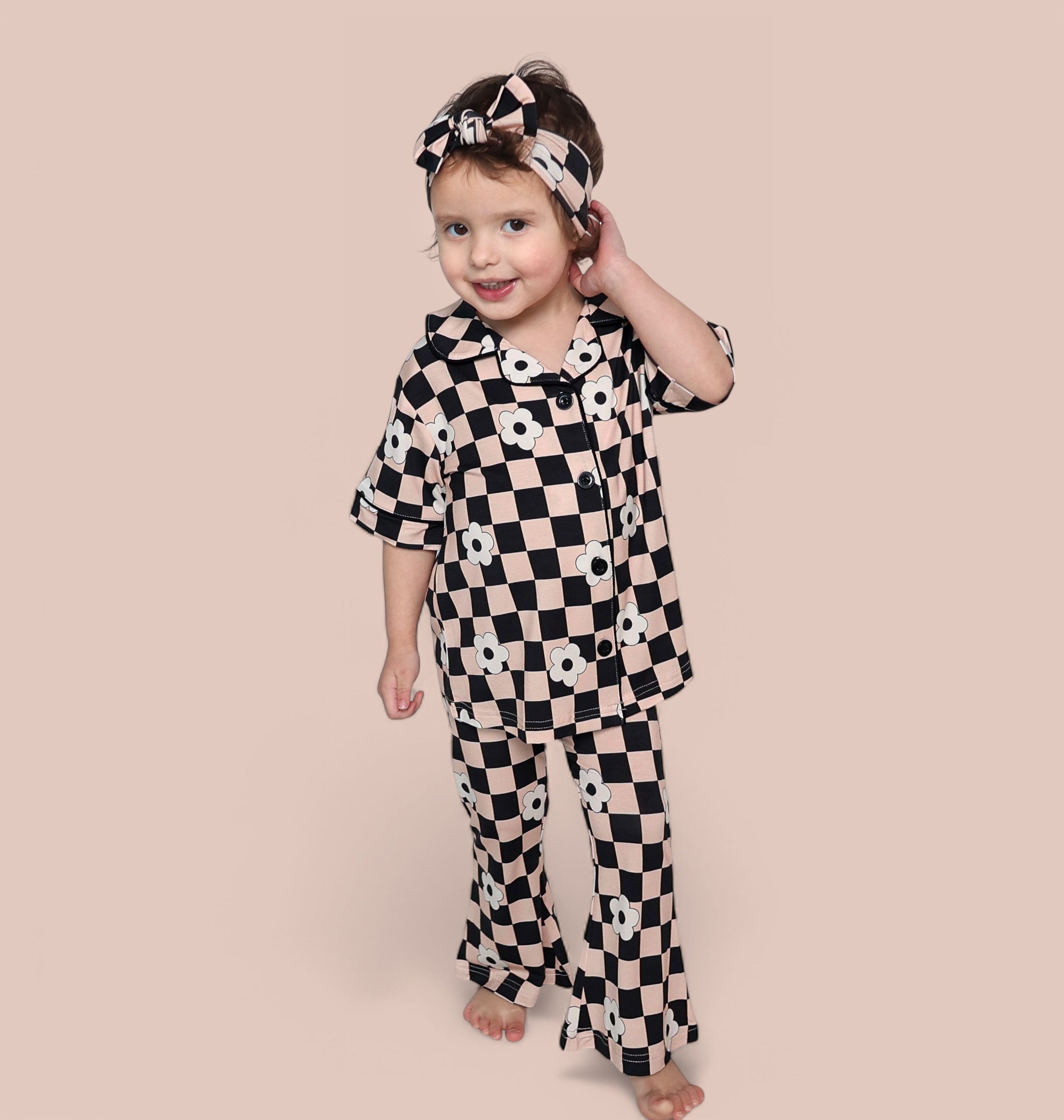 Retro Daisy Checks Short Sleeve Dream Girl's Flare Set