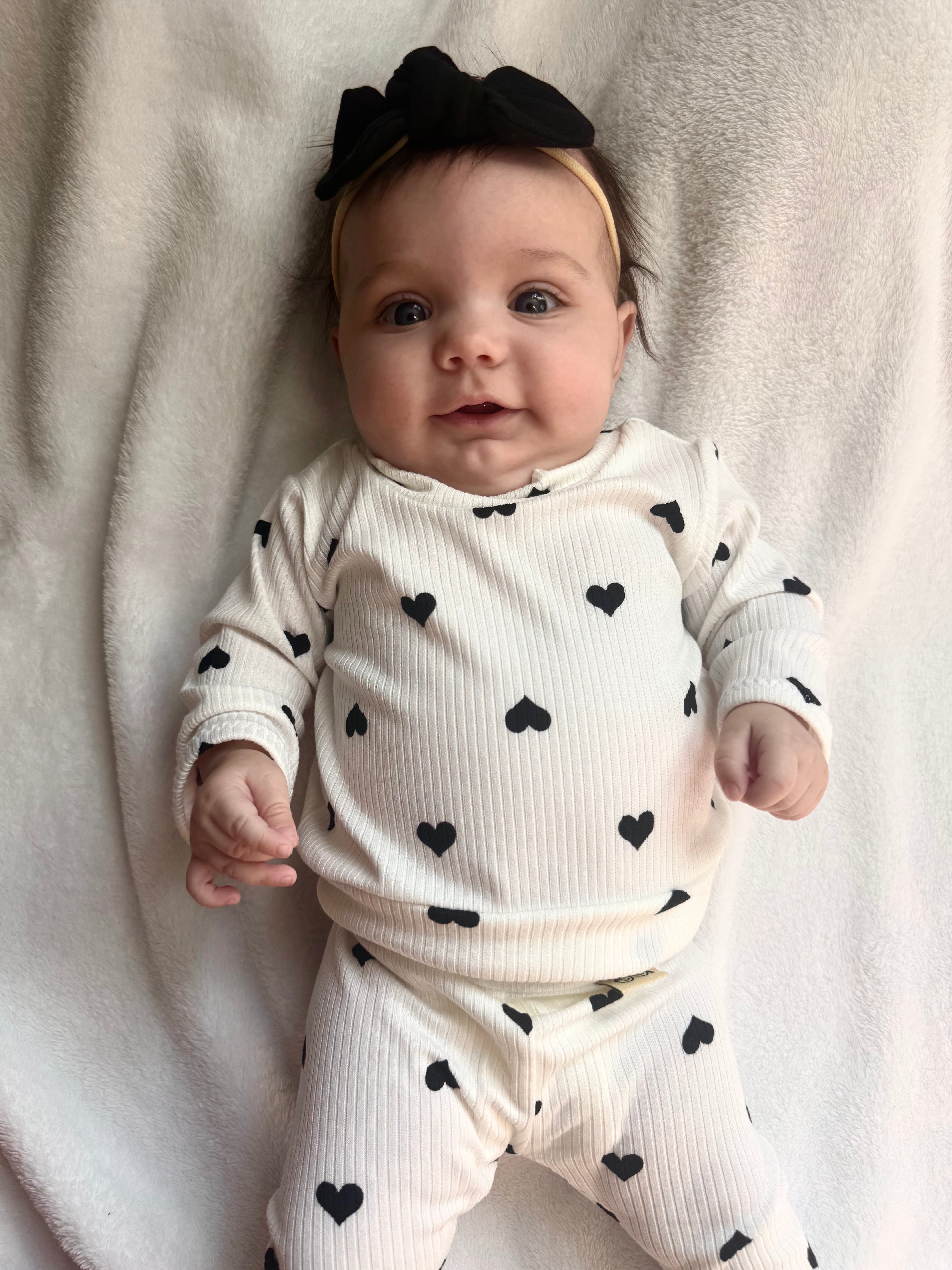 Flipped Black Hearts On White Ribbed Lounge Set