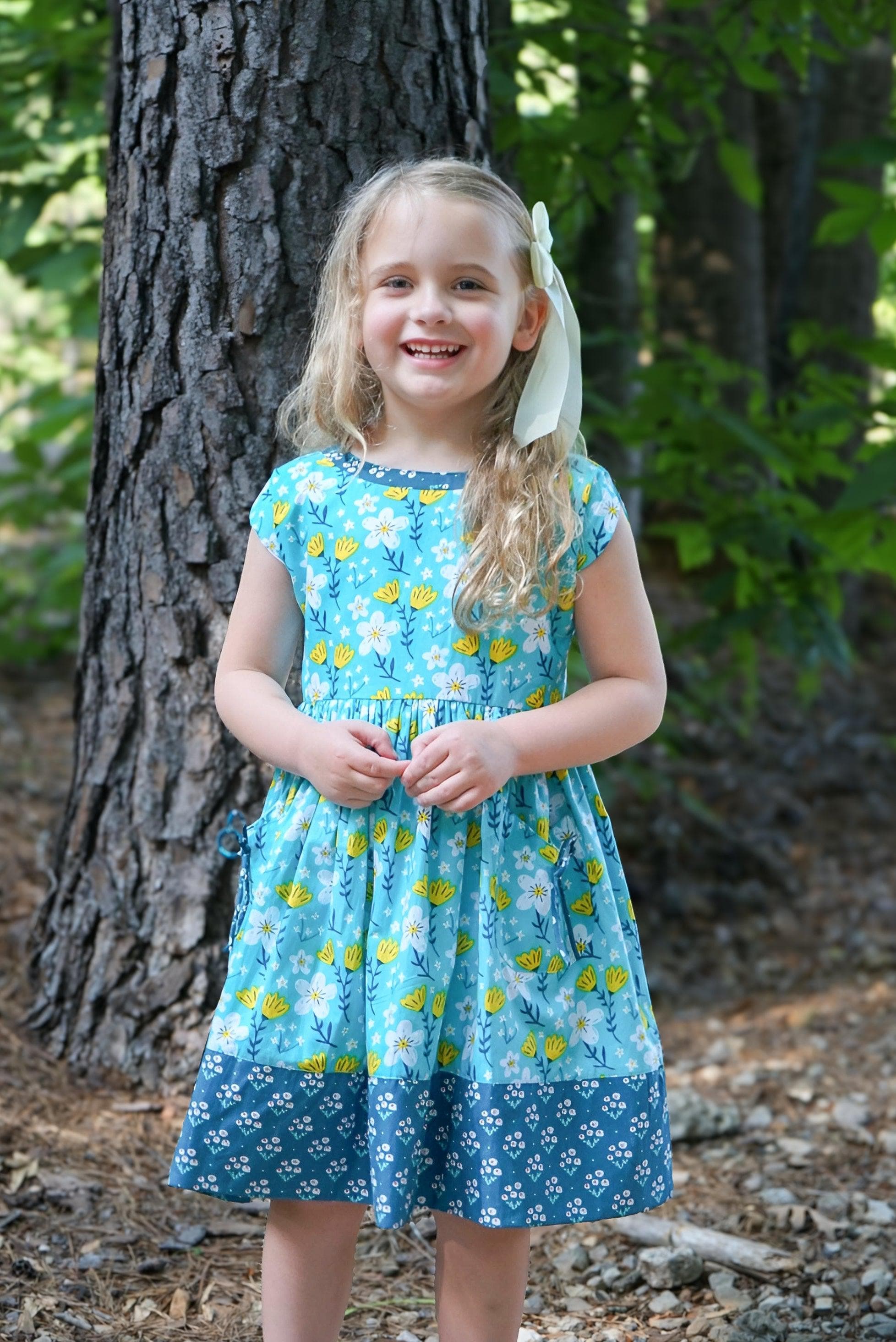 Vintage Teal Garden Picnic Dress W/ Hairbow