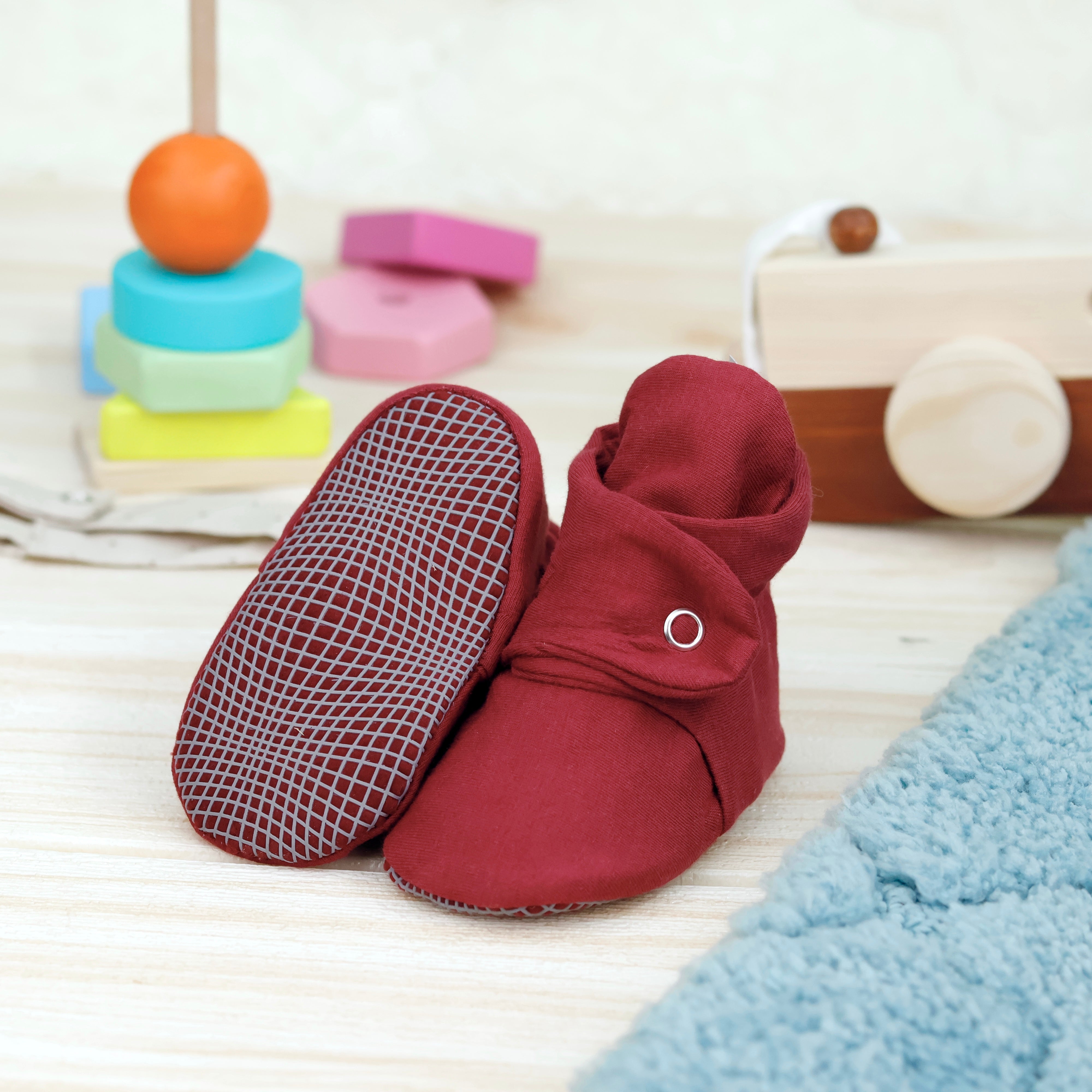 Organic Cotton Baby Booties, Non-slip Sole, Cotton Newborn Booties Home Nursery Shoes, Burgundy