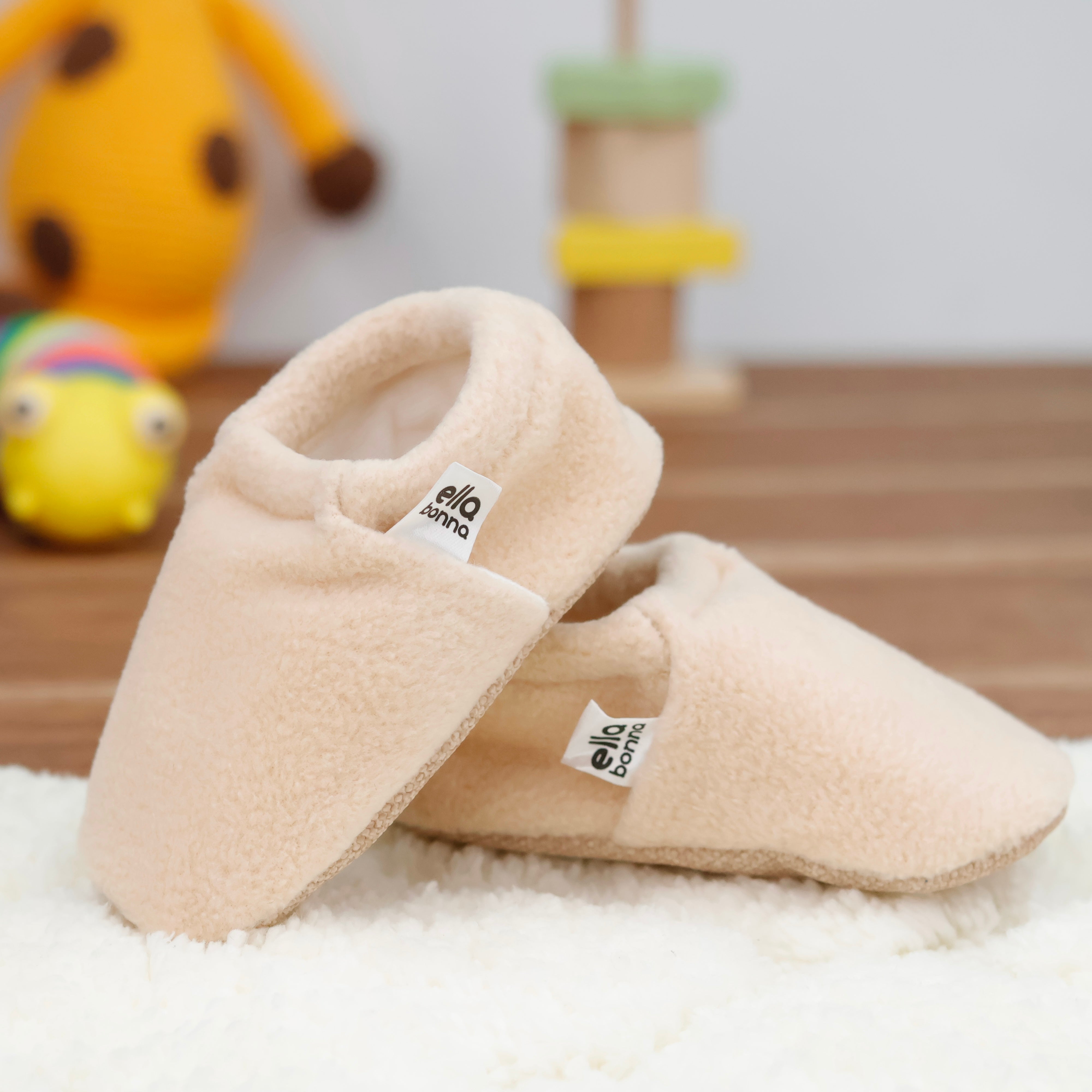 Fleece Baby House Booties, Non-slip Sole, Organic Cotton Lining, Beige