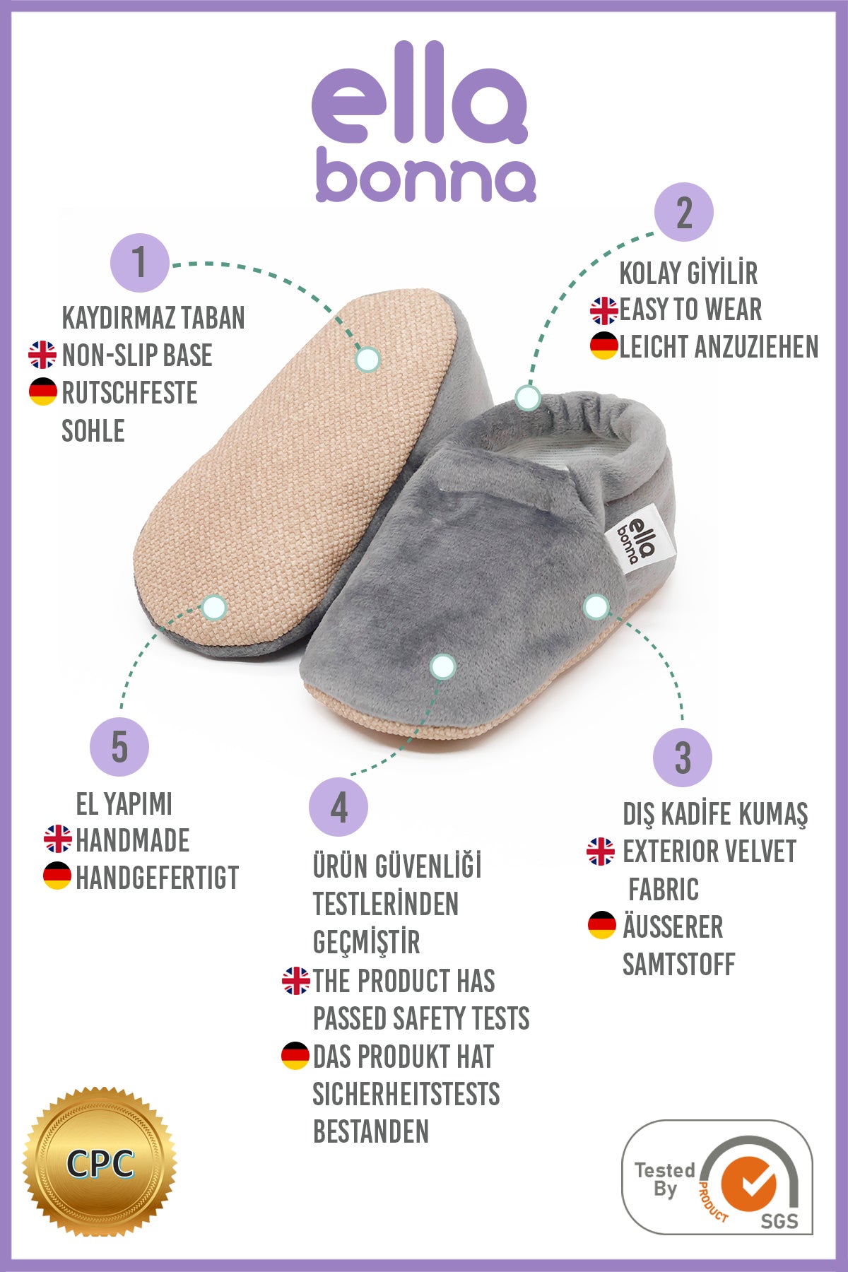 Organic Cotton Velvet Home Nursery Moccasin Shoes, Gray