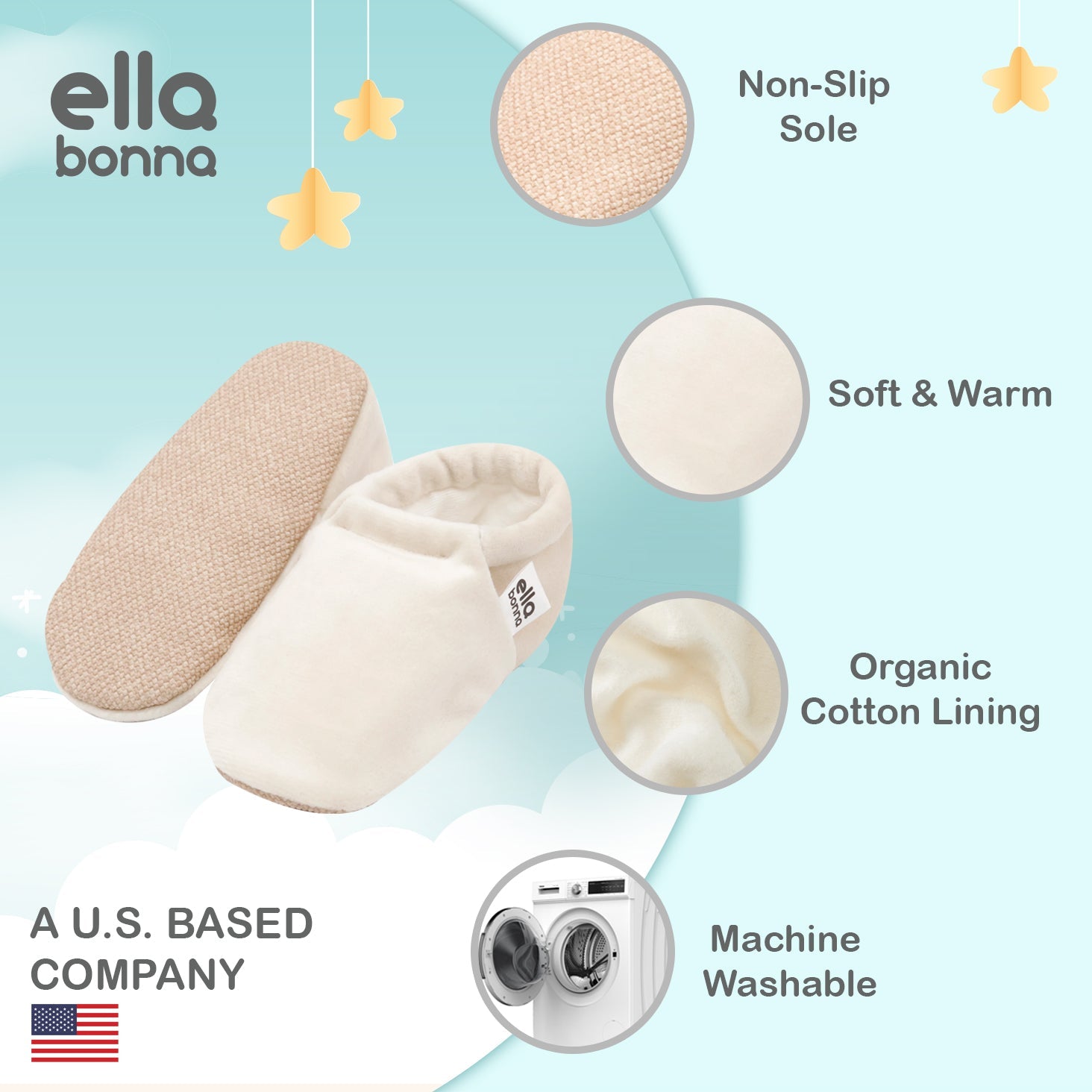 Fleece Baby House Booties, Non-slip Sole, Organic Cotton Lining, Beige