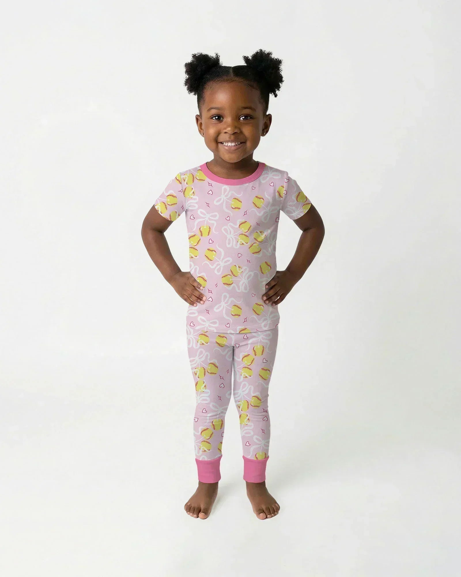 Softball Cherry Mom And Girl Matching Bamboo Two Piece Short Sleeve Pajama Set