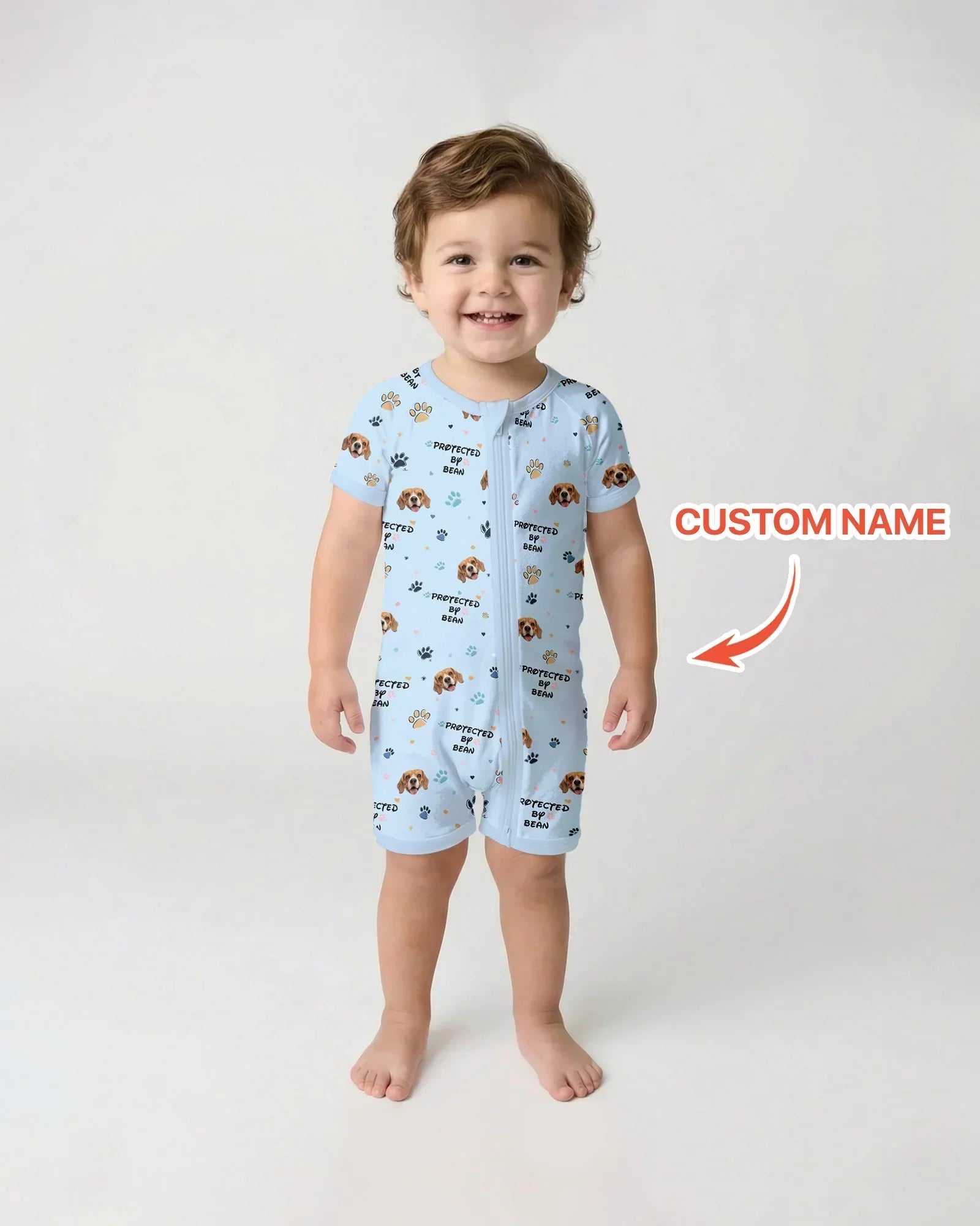 Custom Dog Photo Pattern "protected By" Bamboo Shorty Zippered Romper