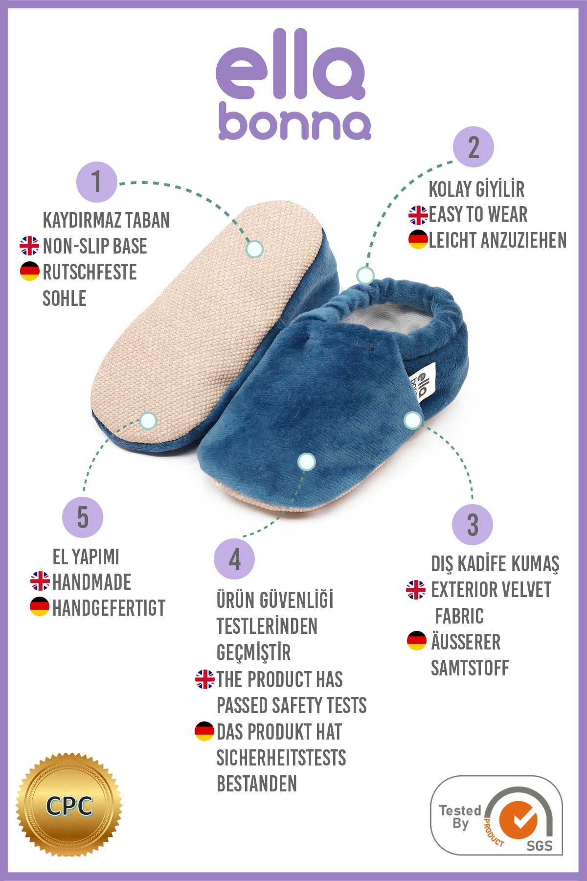 Organic Cotton Velvet Home Nursery Moccasin Shoes, Darkblue